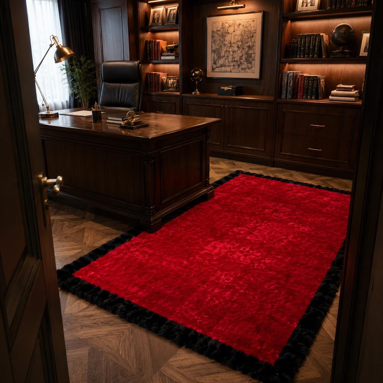 Red Rex Fur Rug with Black Border, Luxury Plush Area Rug, Handmade Soft Living Room Bedroom Rug, Custom Size Rug