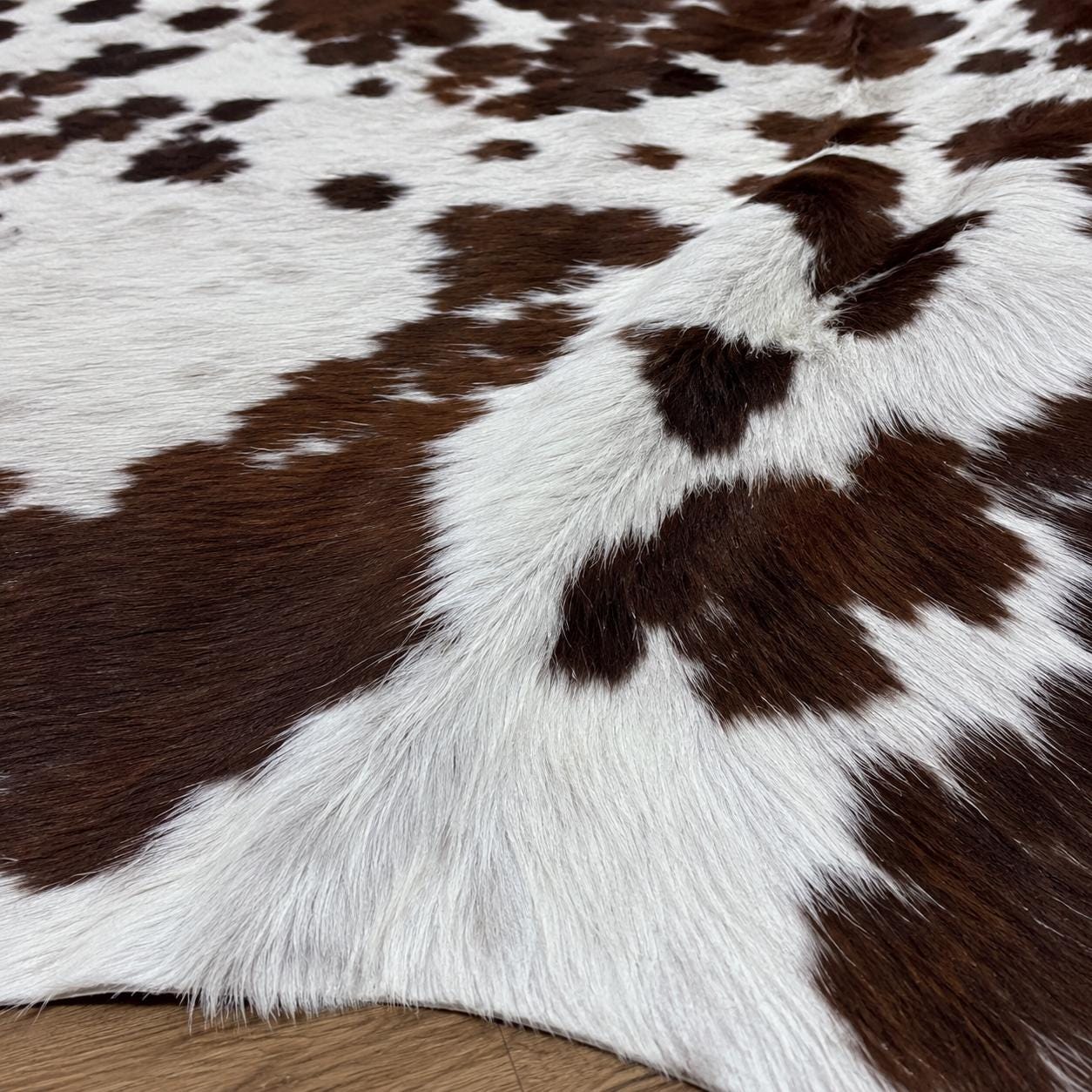 Tricolor Cowhide Rug 6.62x7.44 ft | 202x227cm | Genuine Hair-On Cowhide | White Brown Black | Farmhouse Boho Living Room Decor