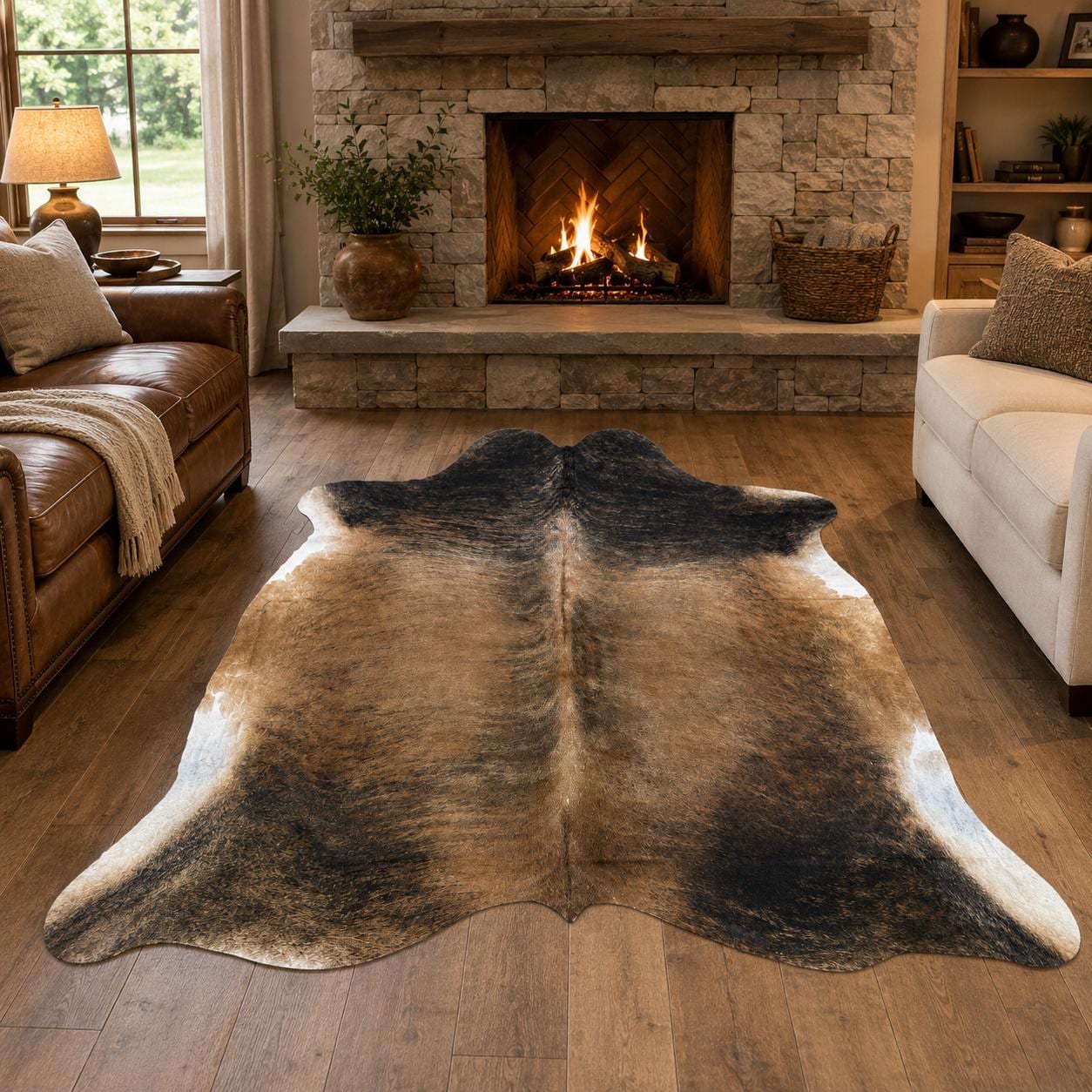 Brindle Cowhide Rug 7.28x7.28 ft 222x222cm Genuine Hair-On Cowhide | Brown Black Natural Hide Farmhouse Boho Western