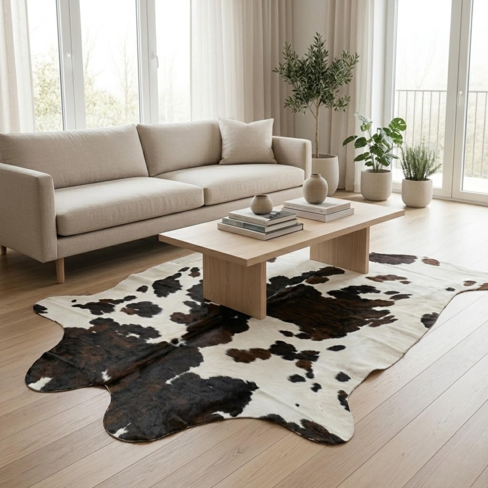 Cowhide Rug 6.7x8 ft, 203x243 cm Tricolor Brown White Black Cow Hide Rug, Genuine Hair on Hide Area Rug