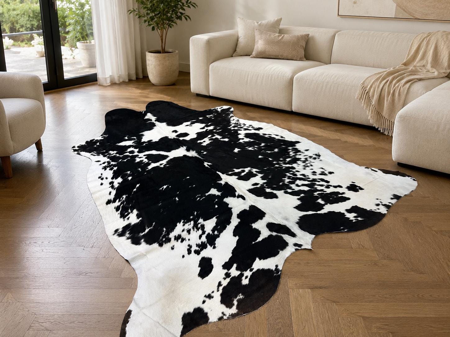 Black and White Cowhide Rug, 7.1 x 7.9 ft / 217 x 240 cm, Natural Cowhide Area Rug, Real Cow Skin Rug, Western Farmhouse Leather Rug