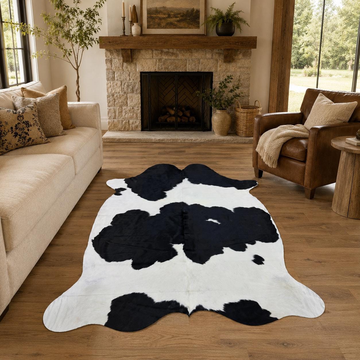 Genuine Black and White Cowhide Rug 6.4x7.5- Real Hair On Cow Hide Rug - Natural Cowhide Area Rug