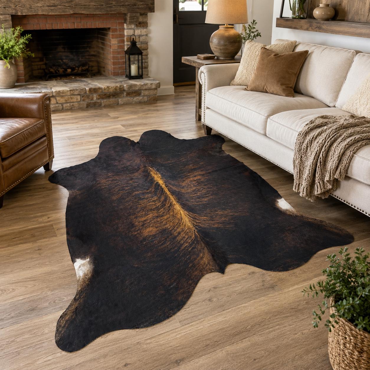 Genuine Dark Brindle Cowhide Rug 7x7.6 - Real Hair On Cow Hide Rug - Natural Brown Black Cowhide - Exotic Tricolor Hide Rug - Large Cowhide