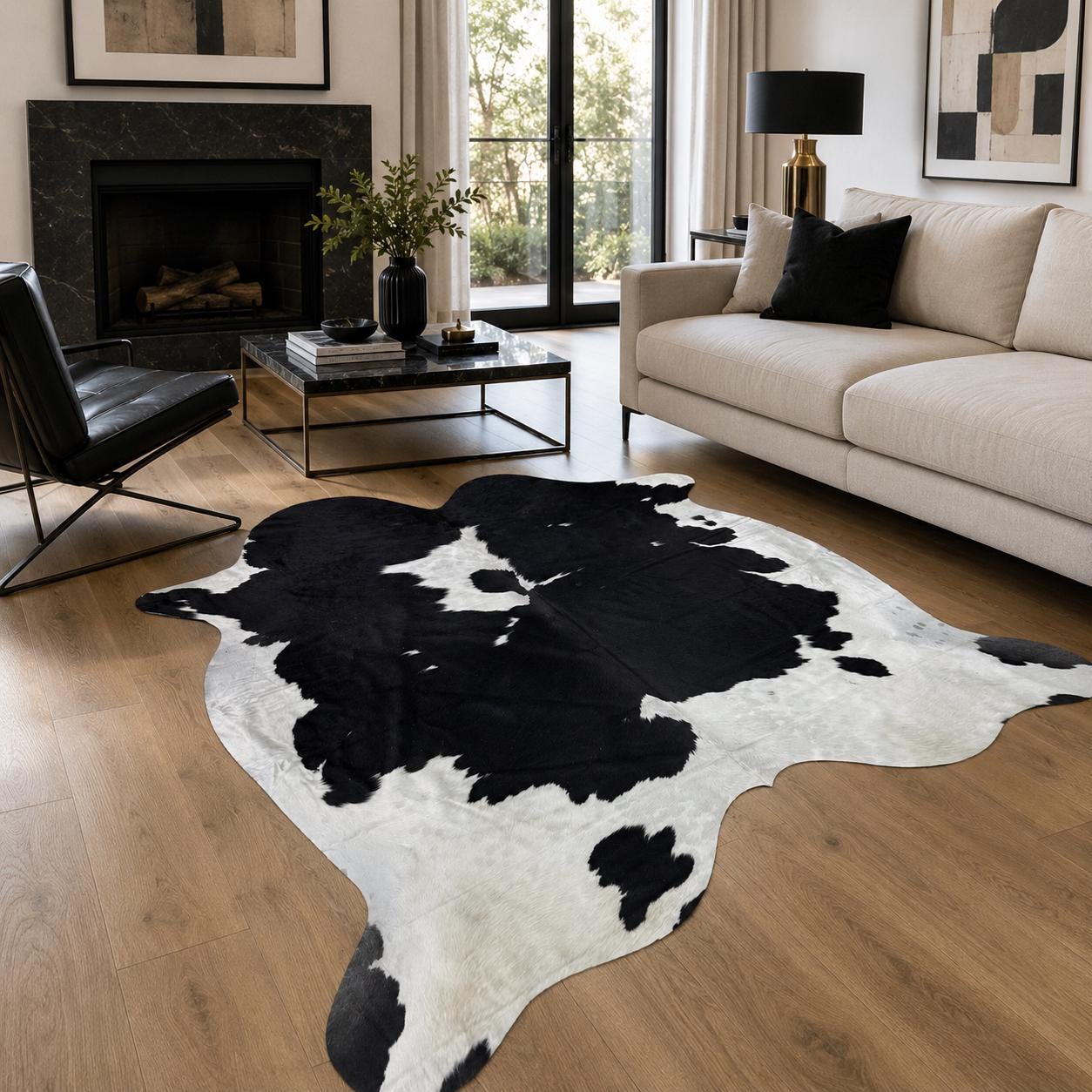 Genuine Black and White Cowhide Rug 7x8 - Real Hair On Hide - Oversized Cow Skin Rug - Bold Natural Pattern - Western Living Room Decor