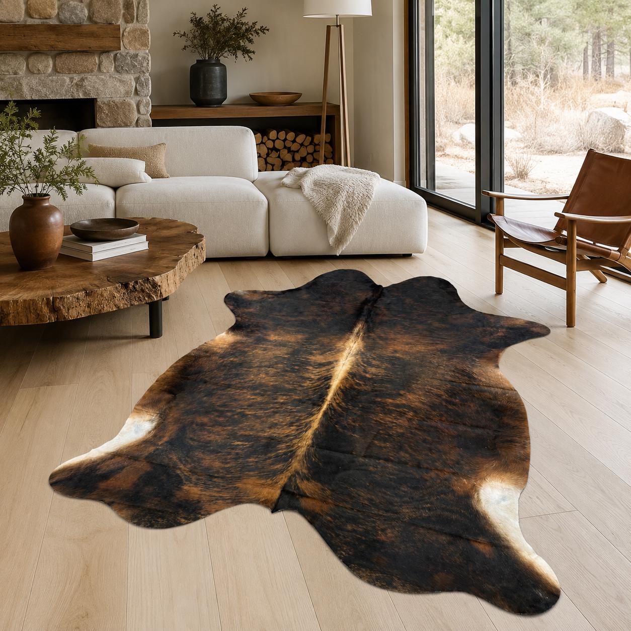 Genuine Brindle Cowhide Rug 6.11x7.8ft in Real Hair On Cow Hide Rug - Dark Brindle Brown Black