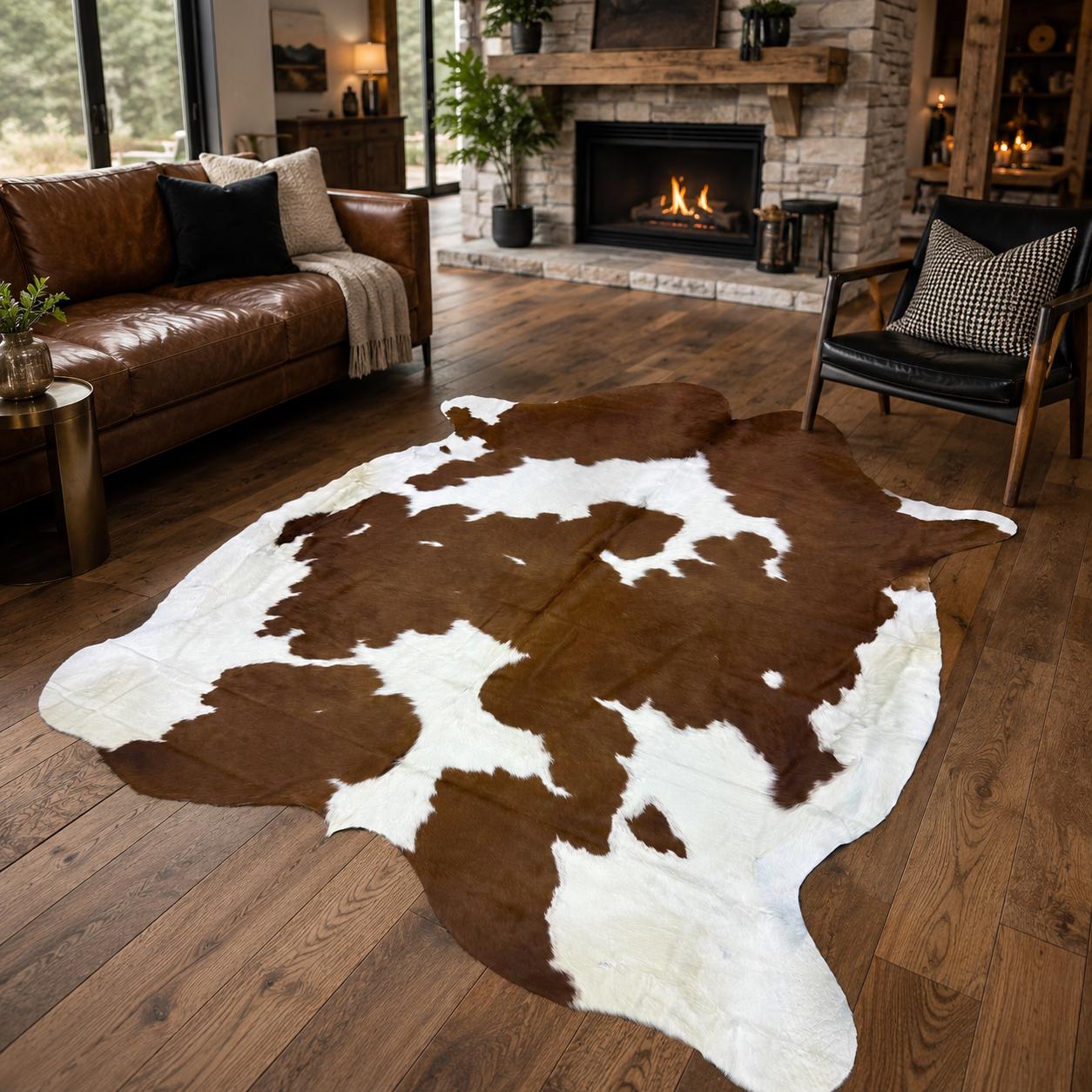 Genuine Brown and White Cowhide Rug 7x8 - Real Hair On Cow Hide Rug - Large Bold Spotted Cowhide - Natural Cow Skin Area Rug