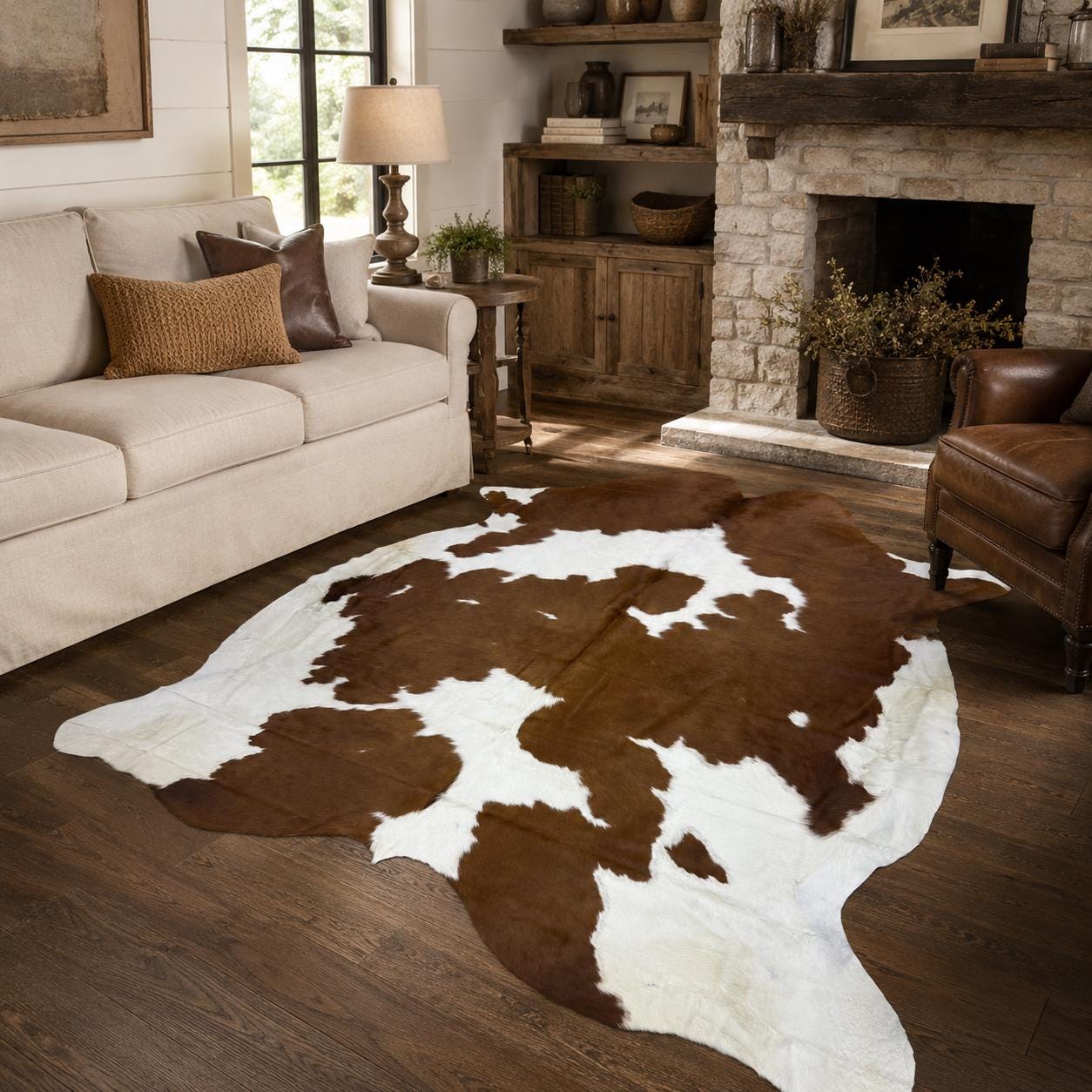 Genuine Brown and White Cowhide Rug 7x8 - Real Hair On Cow Hide Rug - Large Bold Spotted Cowhide - Natural Cow Skin Area Rug
