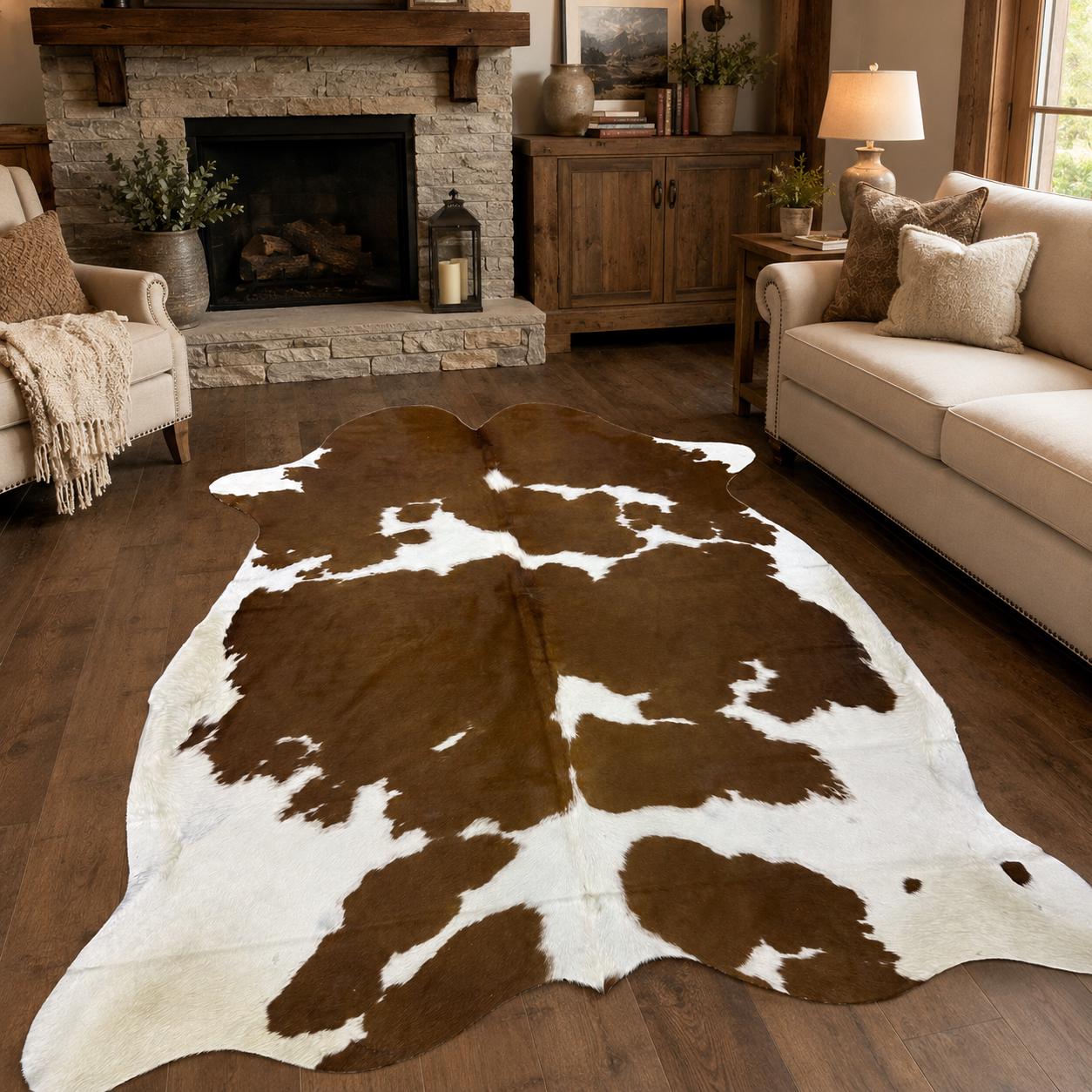 Genuine Brown and White Cowhide Rug 6.5x7.7ft - Real Hair On Cow Hide Rug - Warm Honey Brown Spotted Cowhide