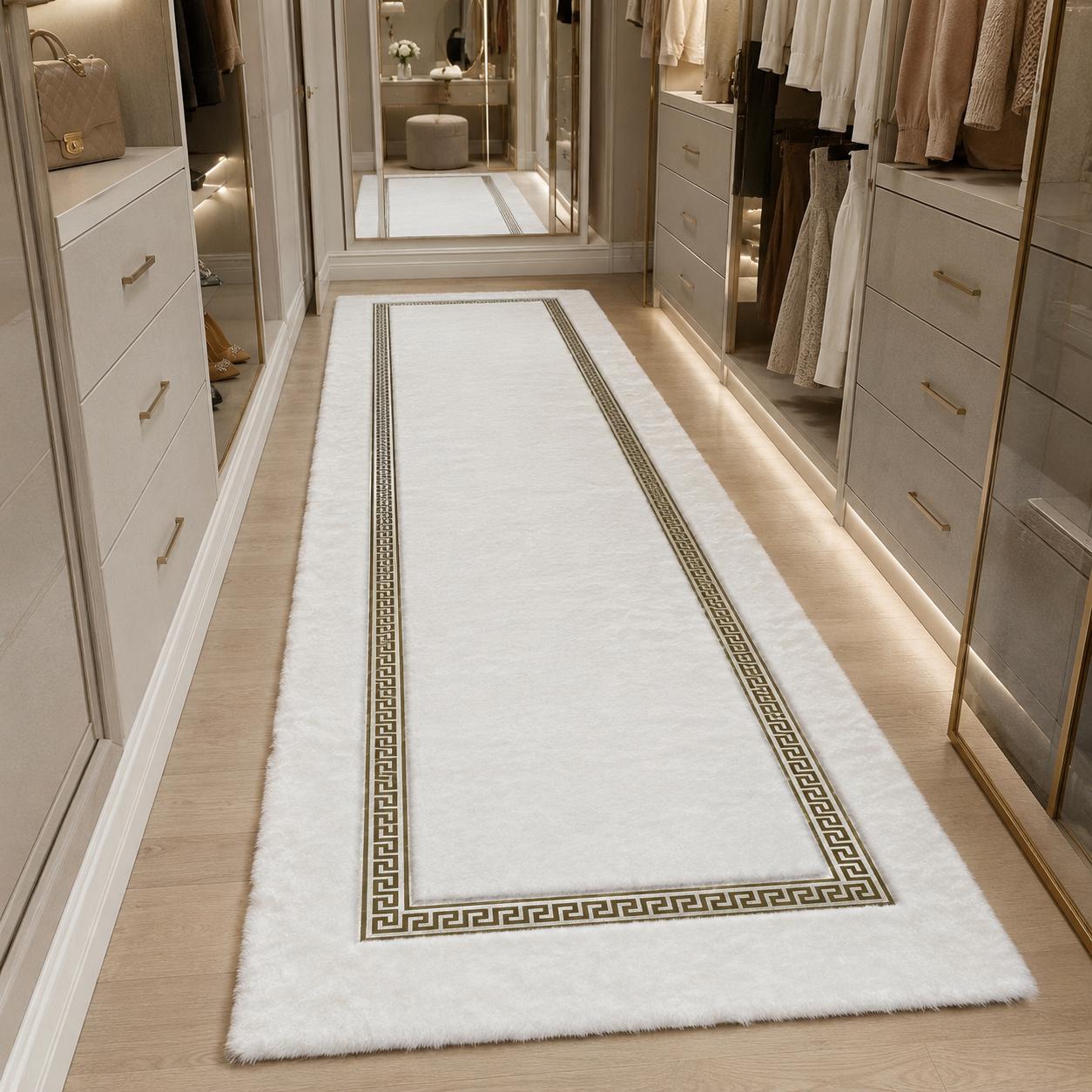 White Plush Rug, Silver Geometric Border, Soft Faux Fur, Modern Home Decor (Custom Size)