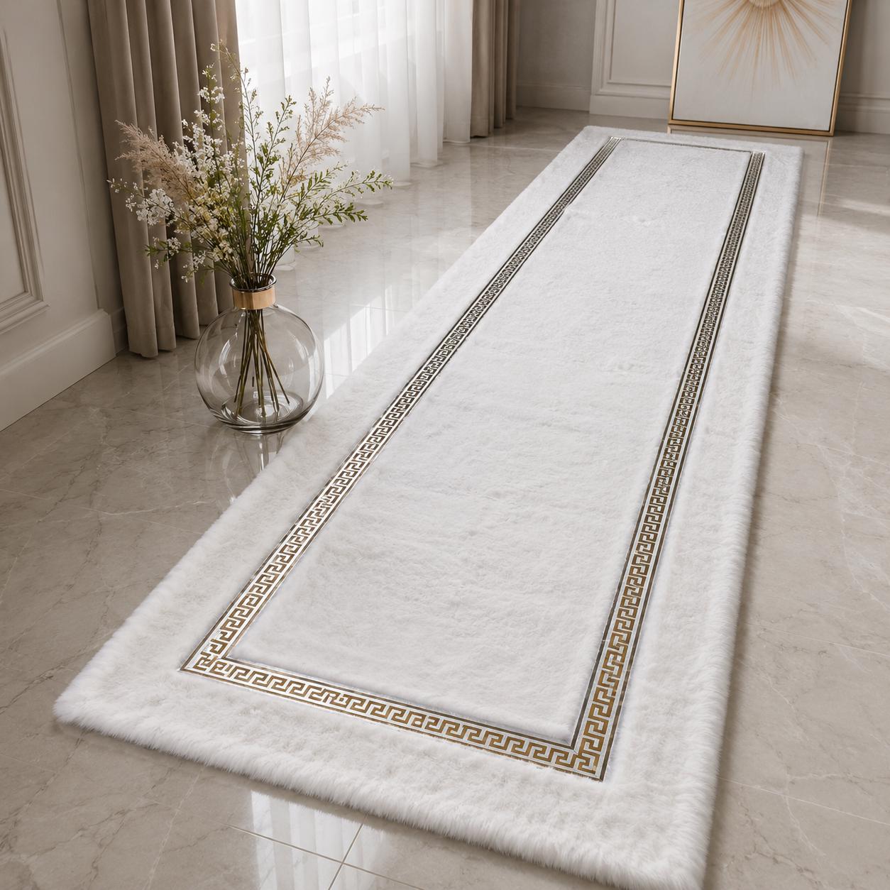 White Plush Rug, Silver Geometric Border, Soft Faux Fur, Modern Home Decor (Custom Size)