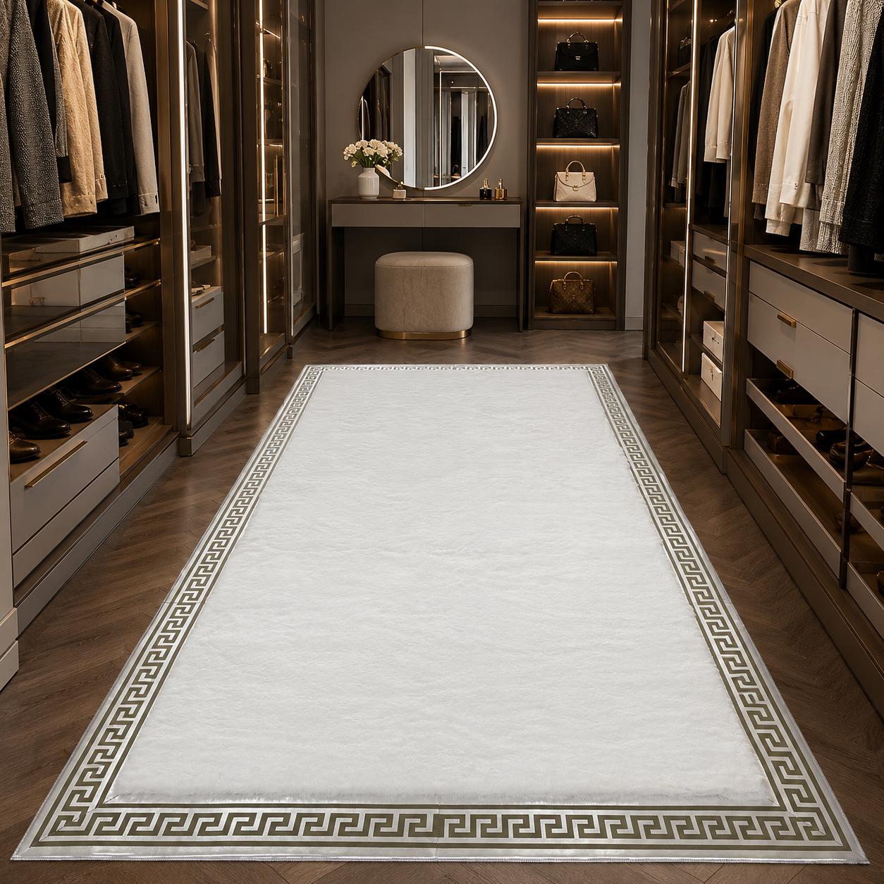 White Plush Rug, Silver Greek Key Border, Soft Faux Fur Carpet, Modern Home Decor