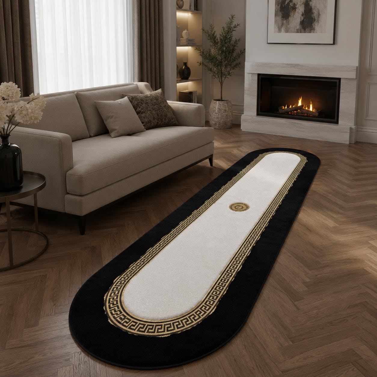Oval Plush Rug, Black White Faux Fur, Soft Modern Carpet, Elegant Home Decor