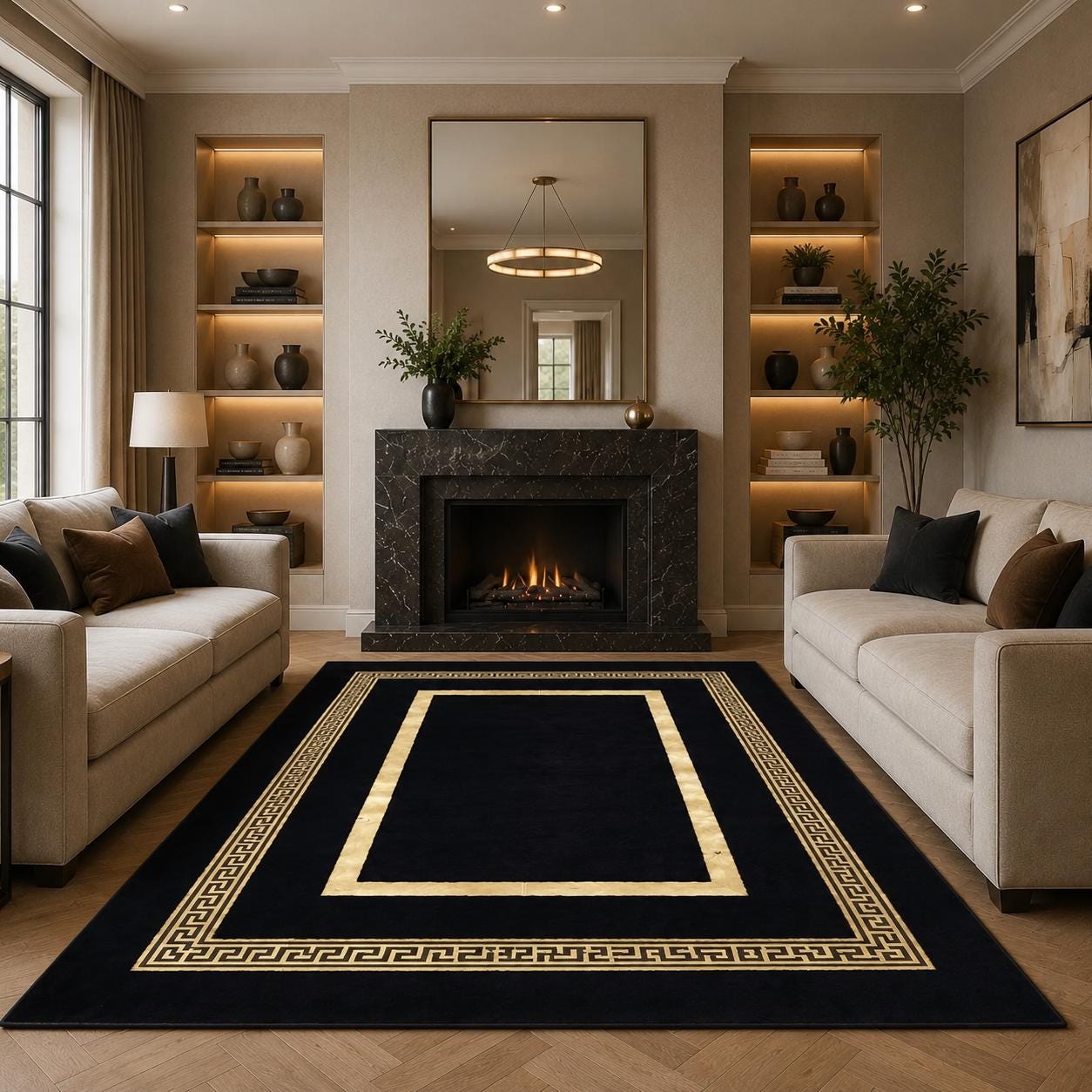 Black Gold Plush Rug, Soft Faux Fur Area Carpet, Modern Geometric Border Home Decor