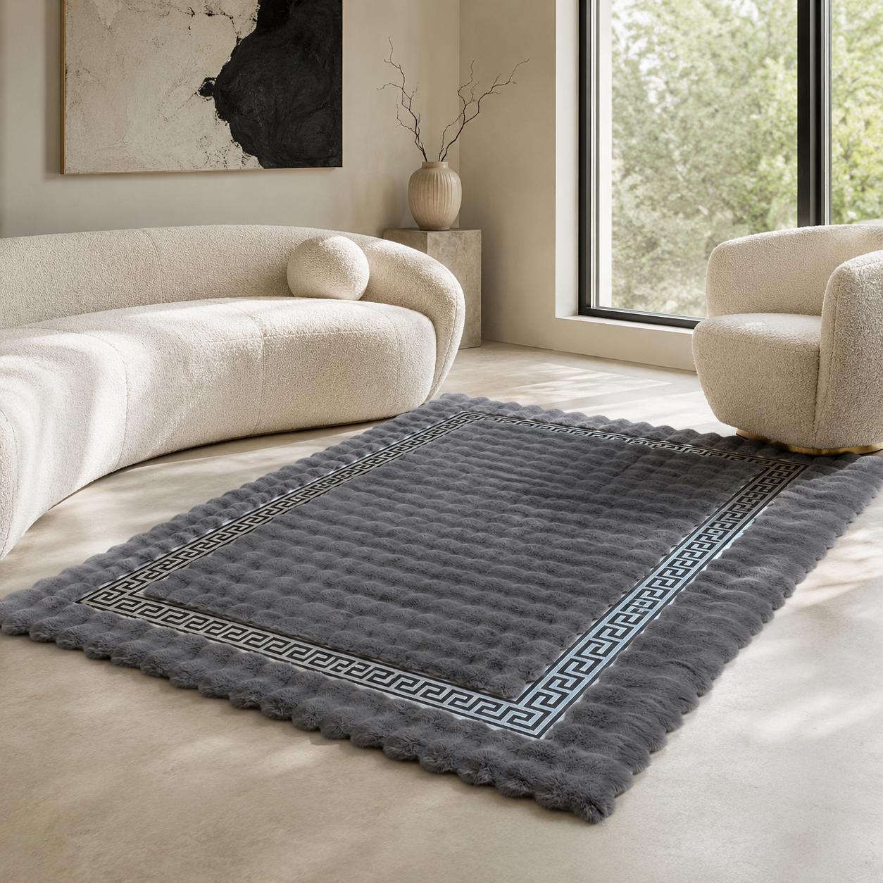 Gray Plush Rug, Silver Greek Key Border, Soft Faux Fur Area Rug