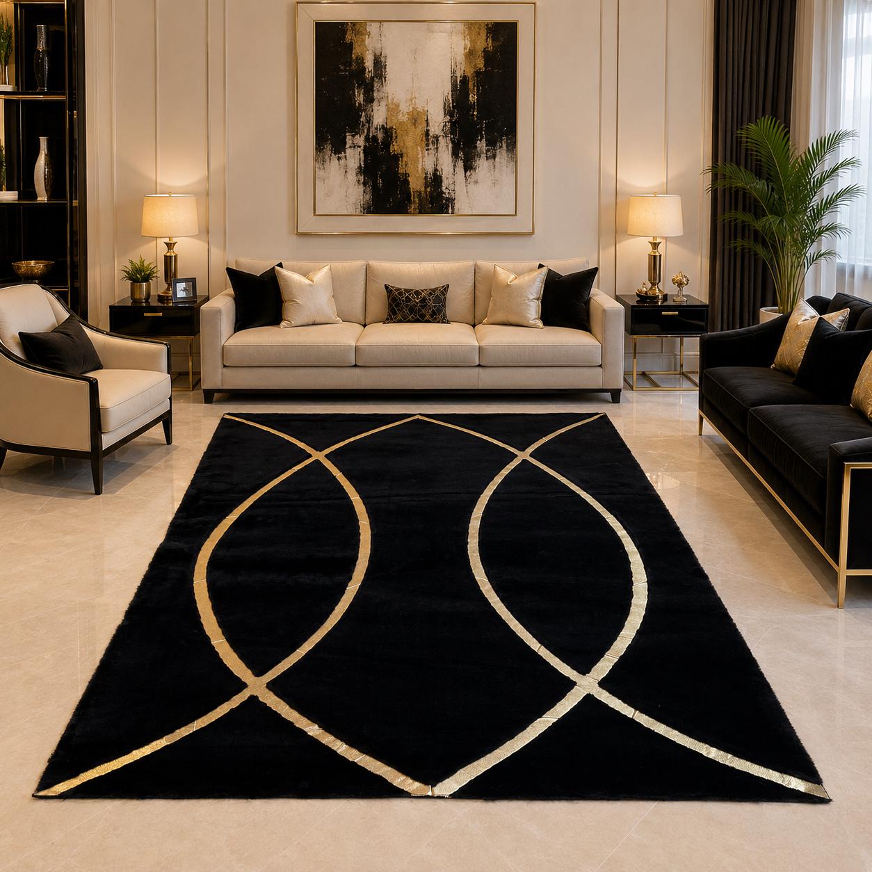 Black Gold Geometric Plush Rug, Modern Faux Fur Carpet, Designer Home Decor