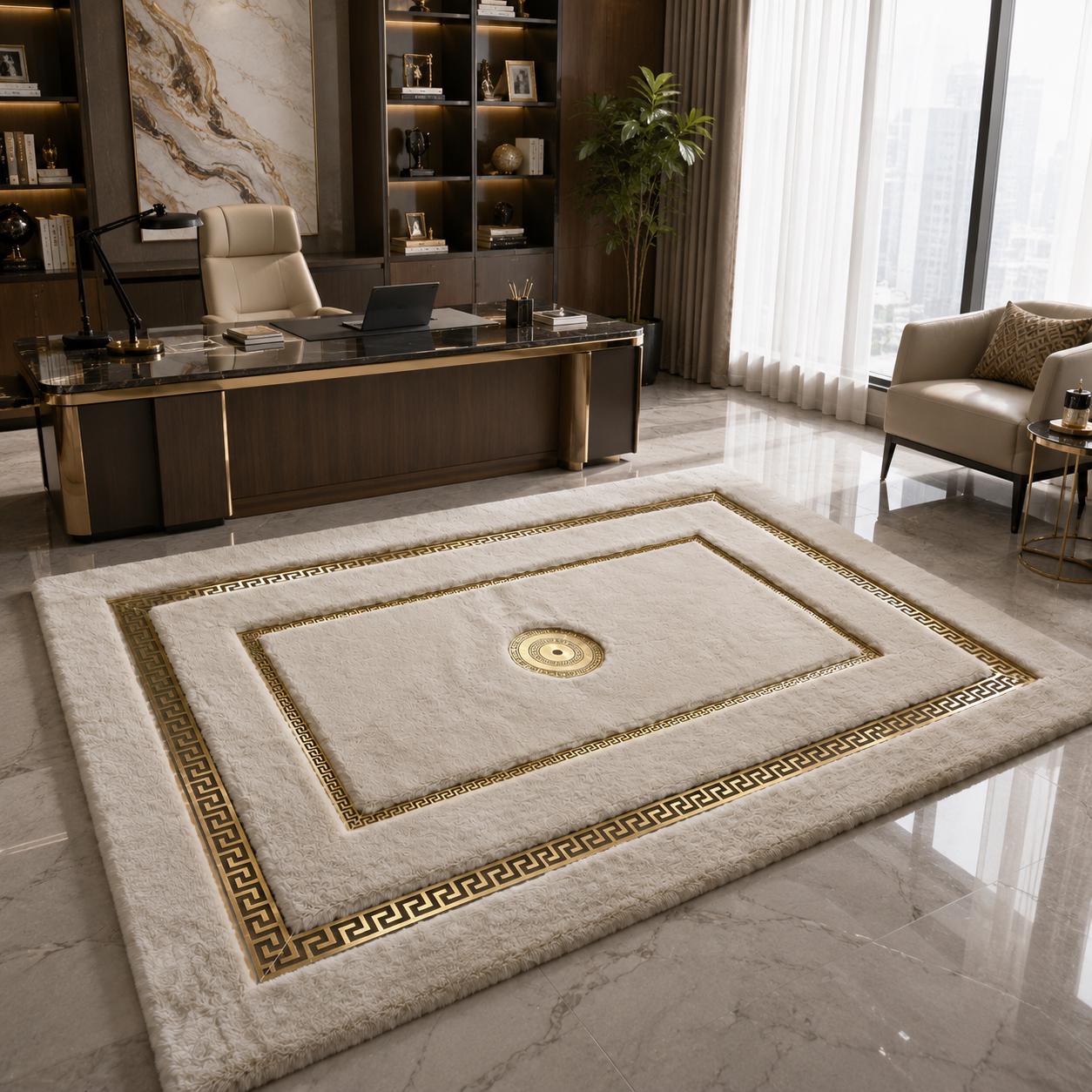 Ivory Gold Plush Rug, Greek Key Border Area Carpet, Soft Faux Fur Luxury Decor
