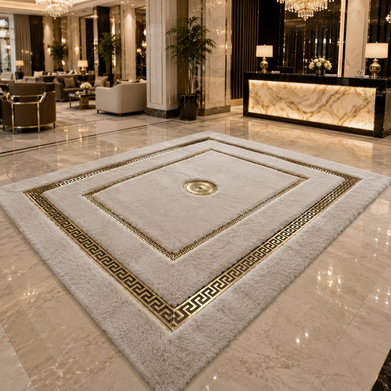 Ivory Gold Plush Rug, Greek Key Border Area Carpet, Soft Faux Fur Luxury Decor