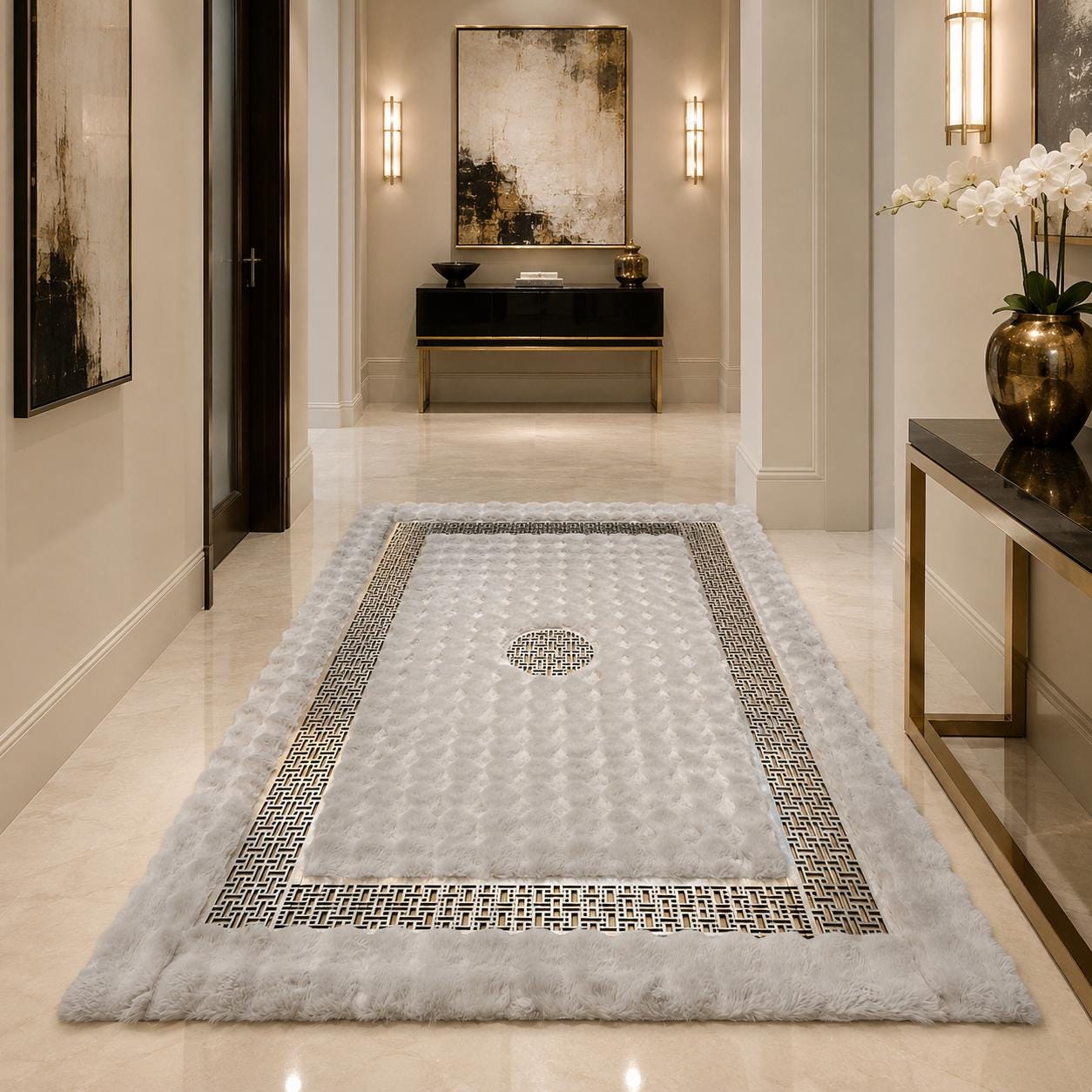 Luxury Beige Plush Rug, Ornamental Silver Border, Soft Faux Fur Carpet, Elegant Home Decor