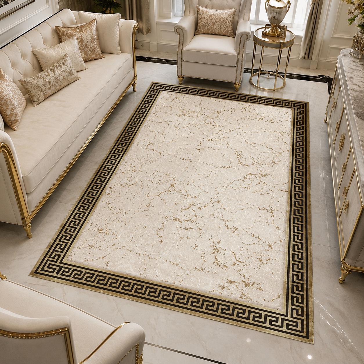 Marble Effect Area Rug, Greek Key Border, Cream Gold Carpet, Modern Luxury Home Decor