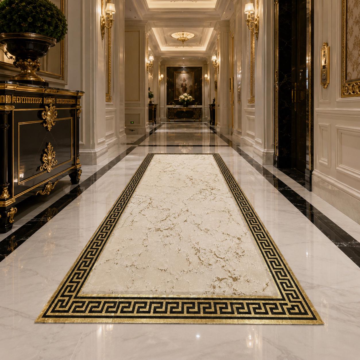 Marble Effect Area Rug, Greek Key Border, Cream Gold Carpet, Modern Luxury Home Decor