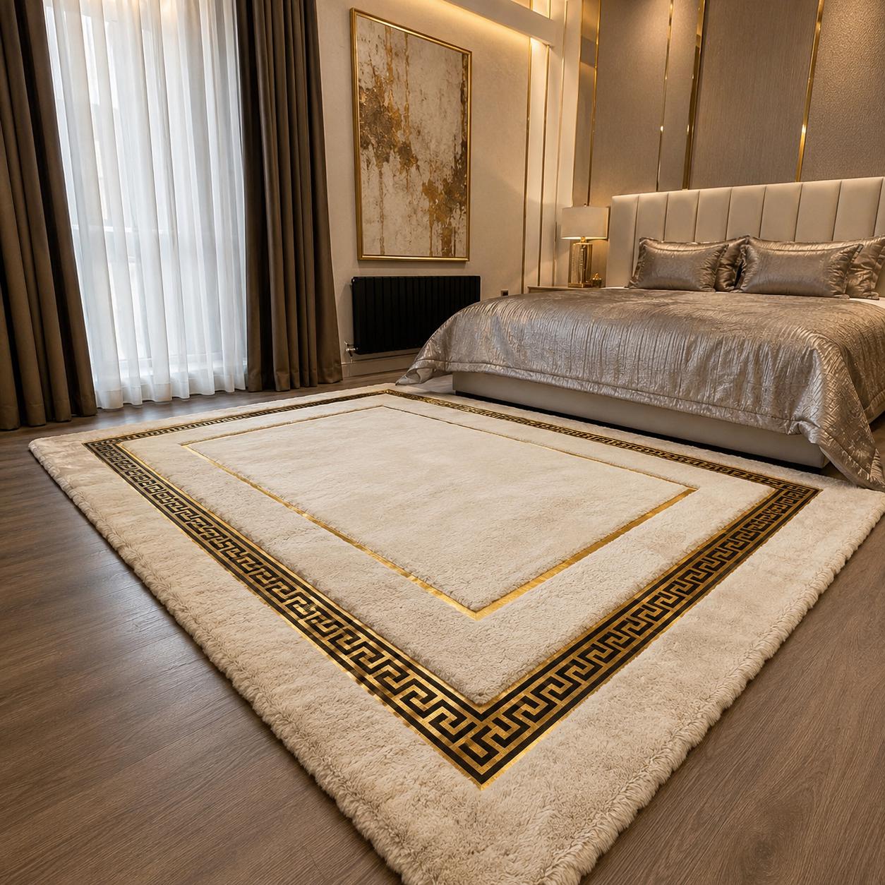 Ivory Plush Rug, Gold Greek Key Border, Soft Faux Fur Carpet, Elegant Home Decor