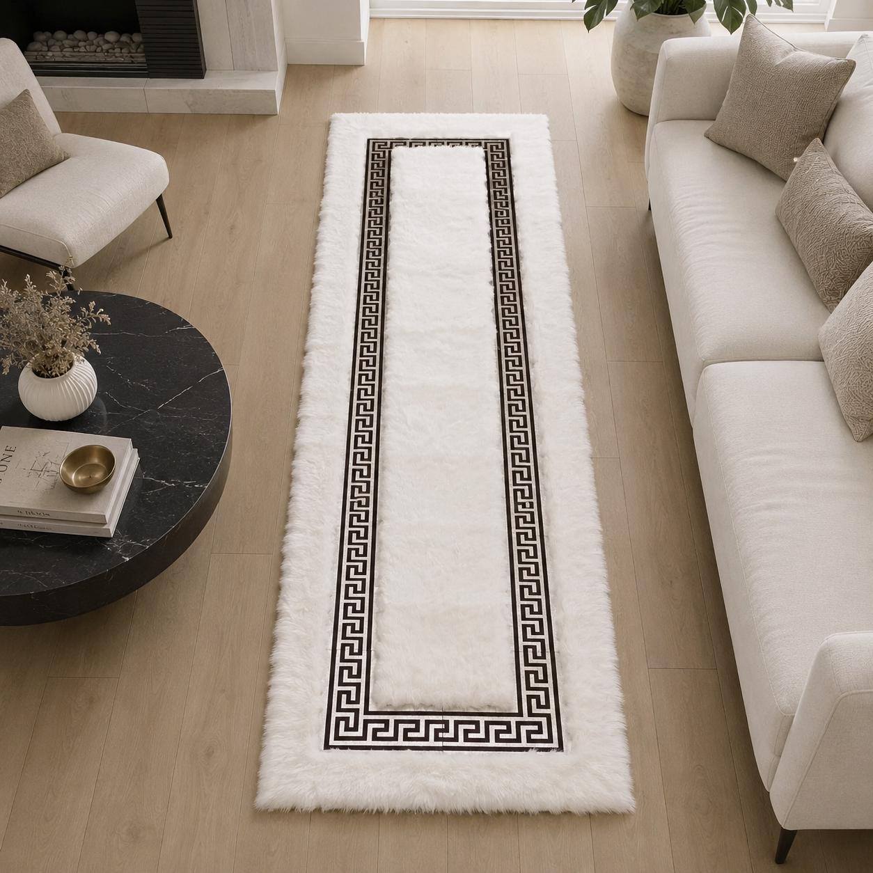 White Plush Rug, Silver Greek Key Border, Soft Faux Fur Carpet, Custom Size