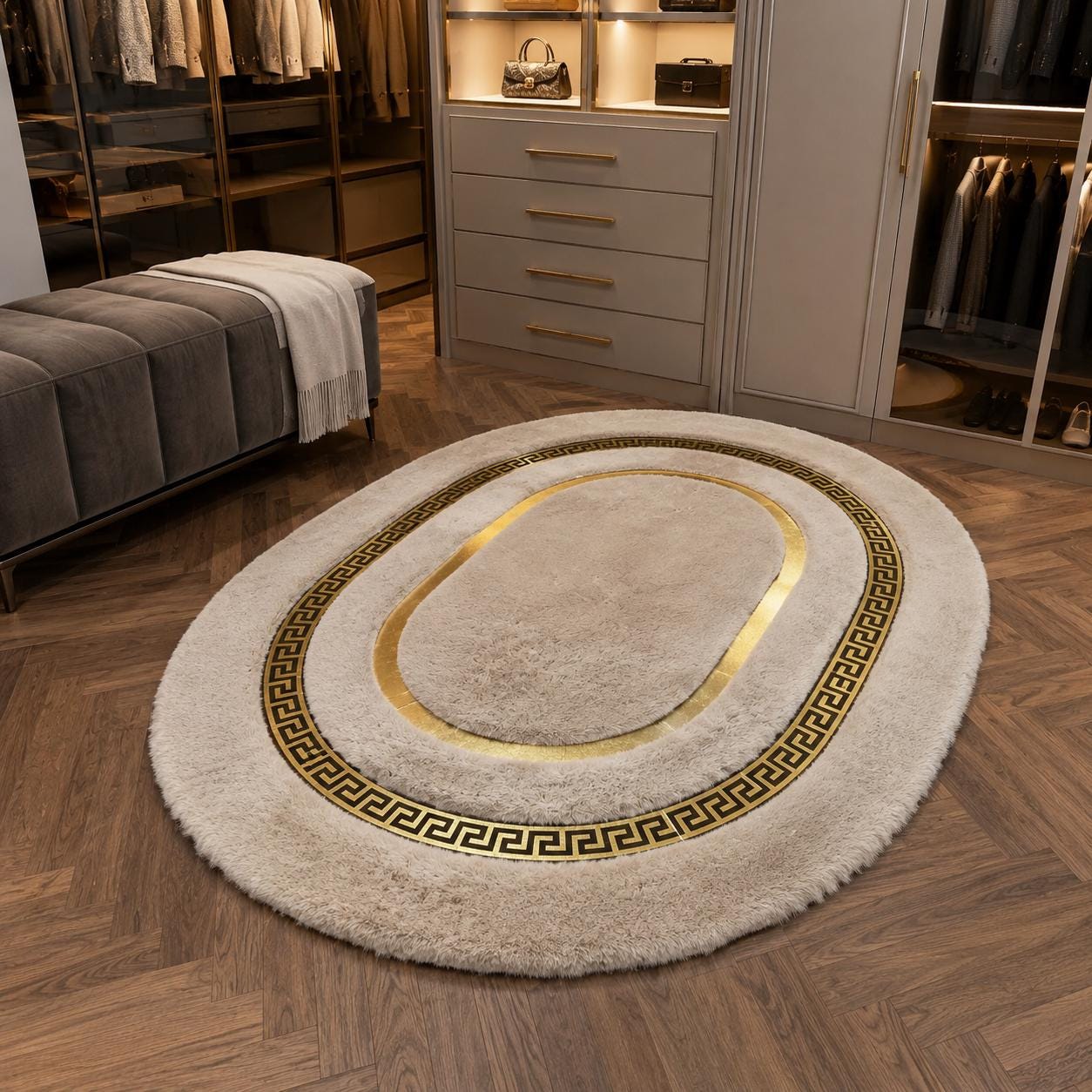 Oval Ivory Plush Rug, Gold Greek Key Border, Soft Faux Fur, Elegant Home Decor