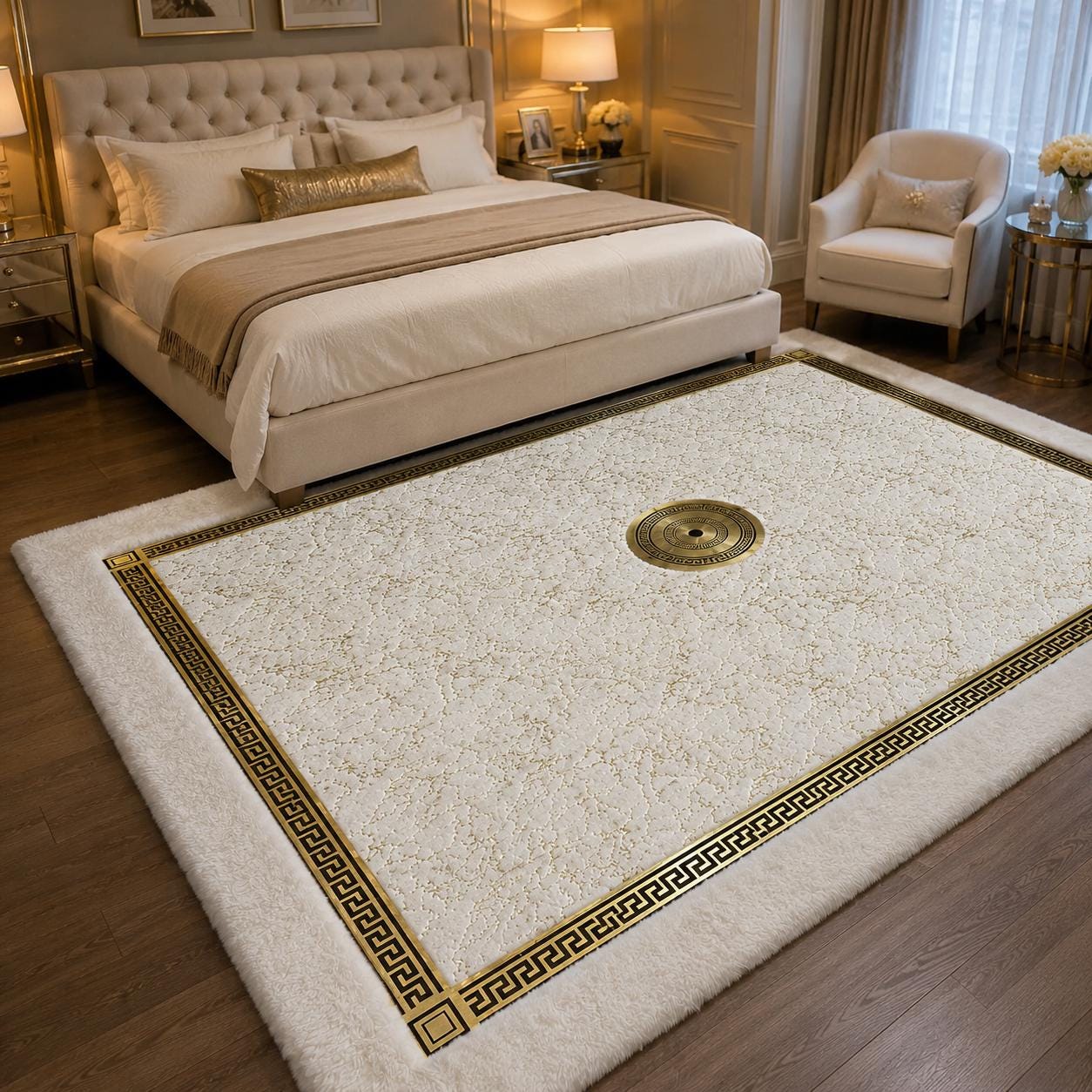 Luxury Marble Plush Rug, Ivory Gold Greek Key Border, Soft Faux Fur Carpet