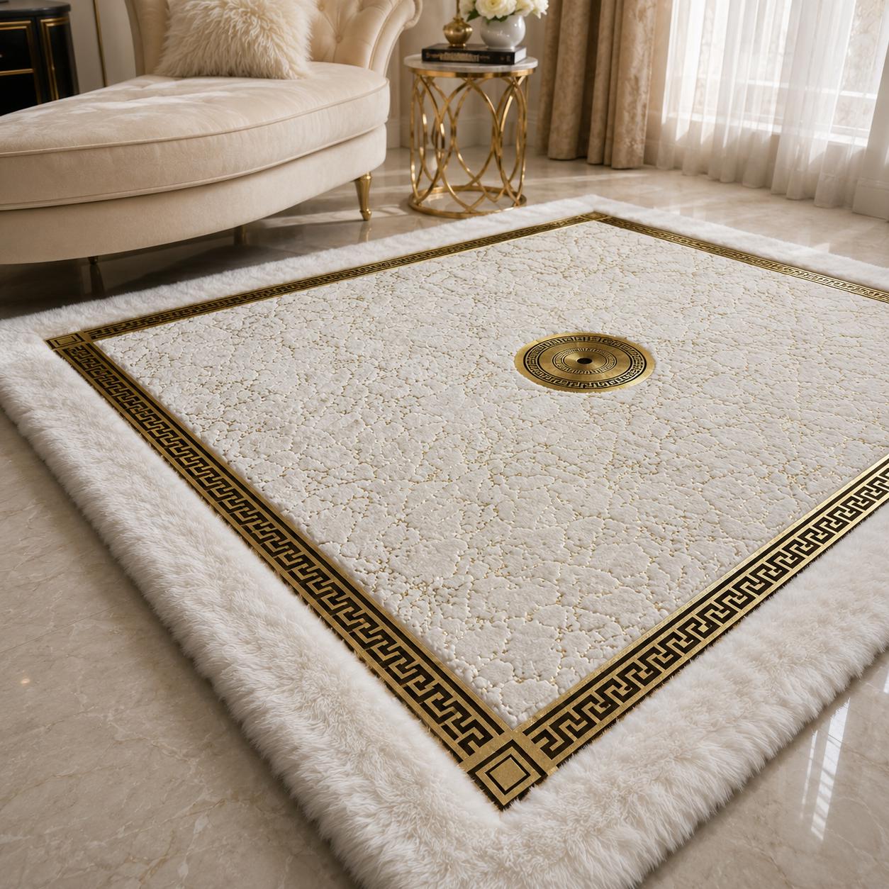 Luxury Marble Plush Rug, Ivory Gold Greek Key Border, Soft Faux Fur Carpet