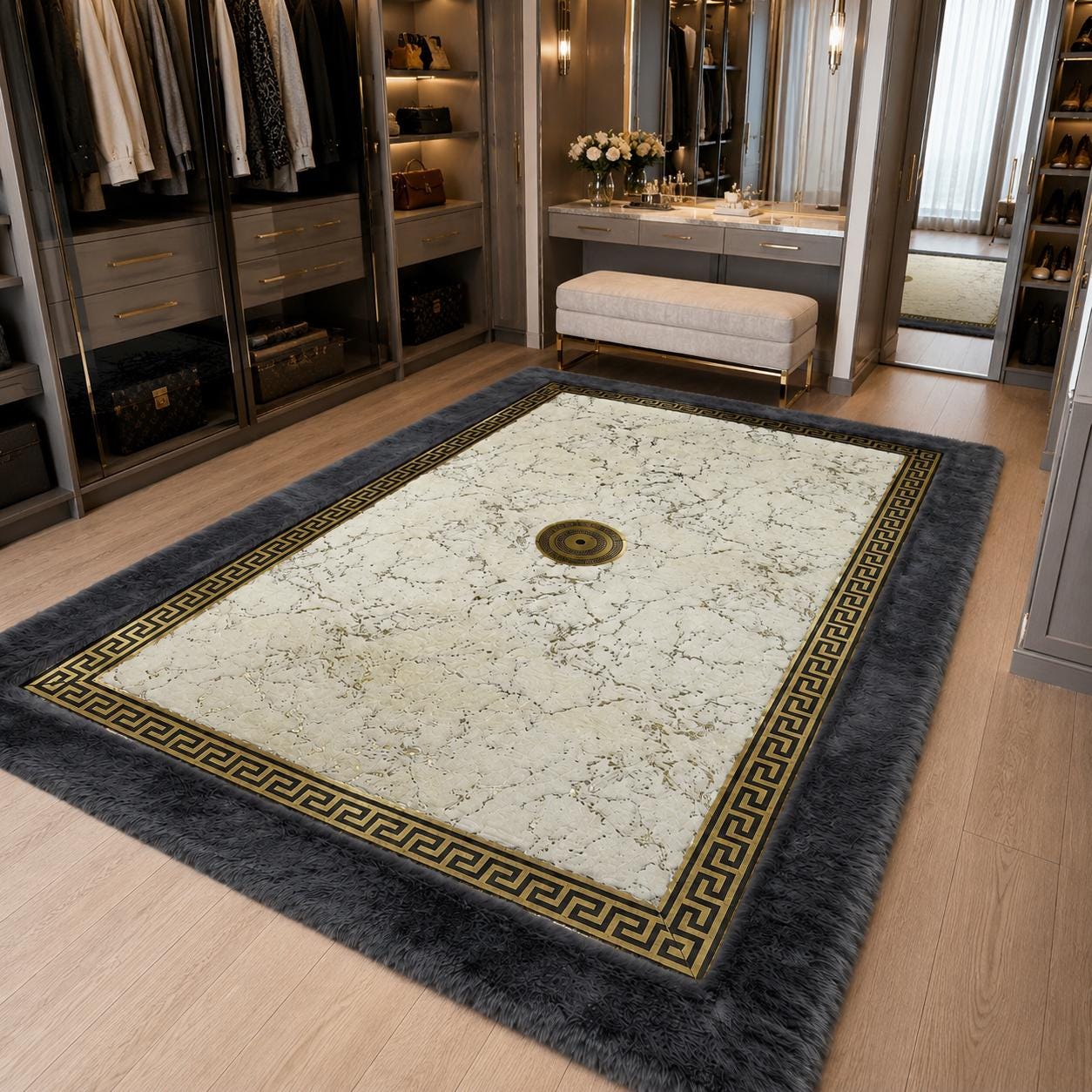 Marble Plush Area Rug, Gray Gold Greek Key Border, Soft Faux Fur Carpet