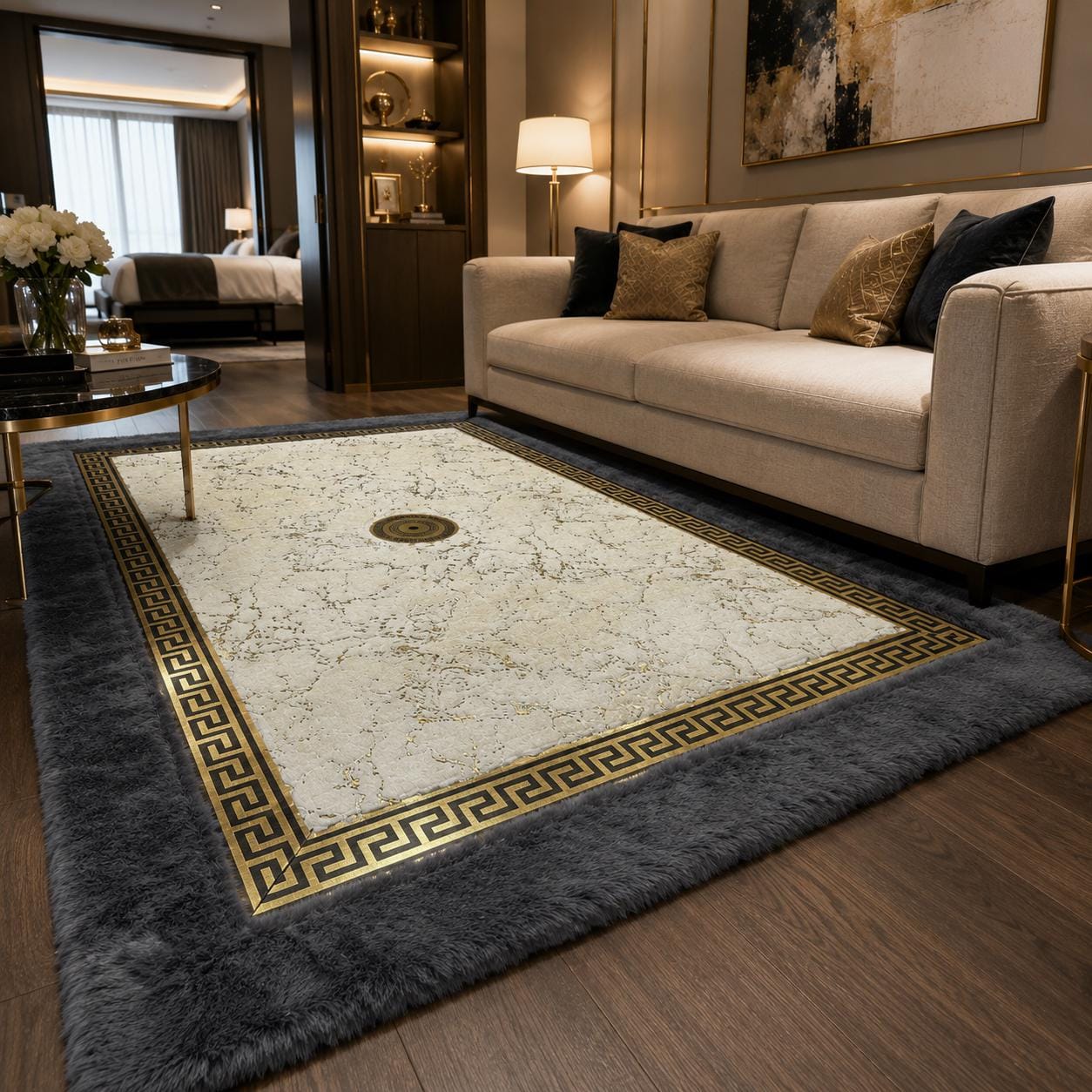 Marble Plush Area Rug, Gray Gold Greek Key Border, Soft Faux Fur Carpet