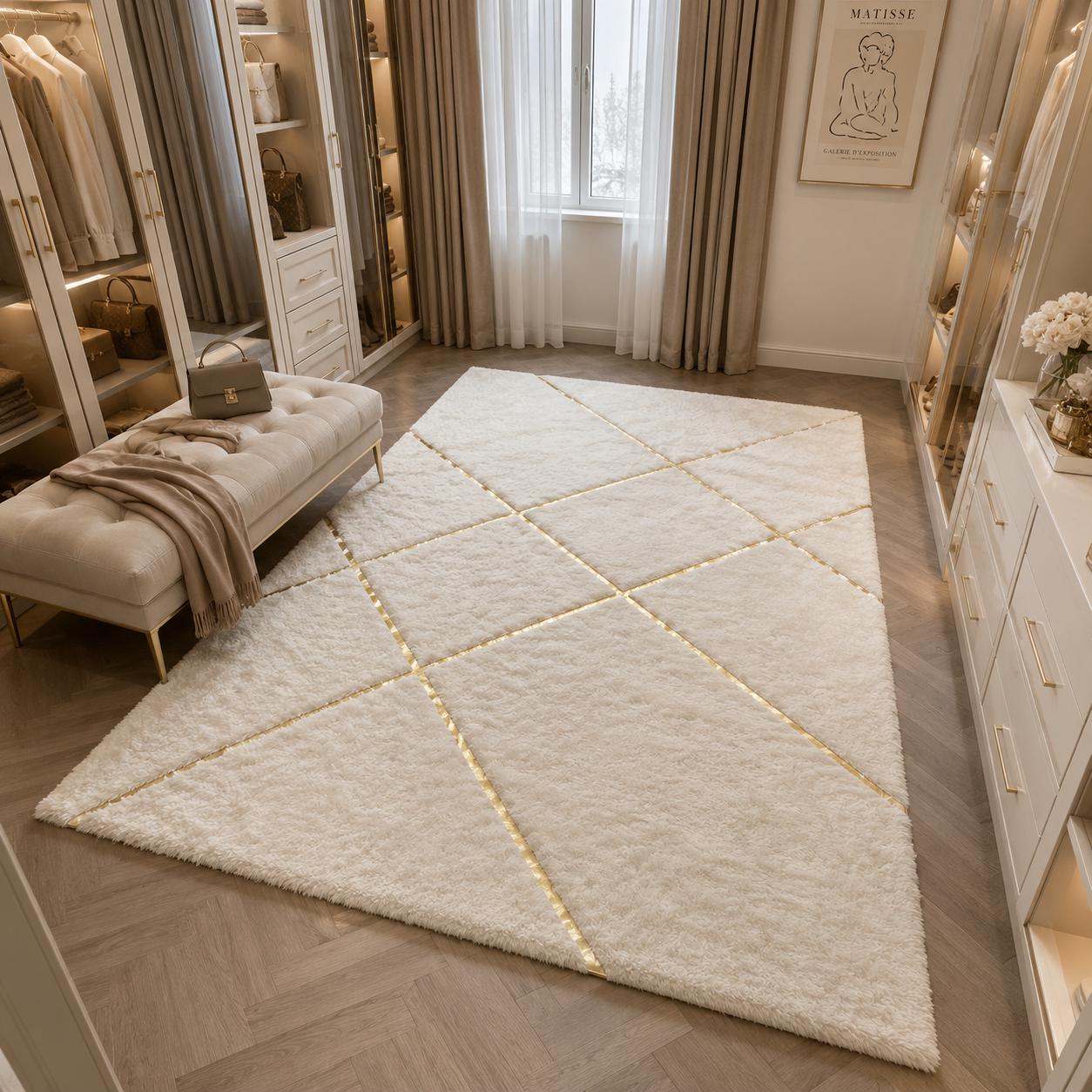 Ivory Gold Plush Geometric Rug, Soft Faux Fur Carpet, Modern Designer Home Decor