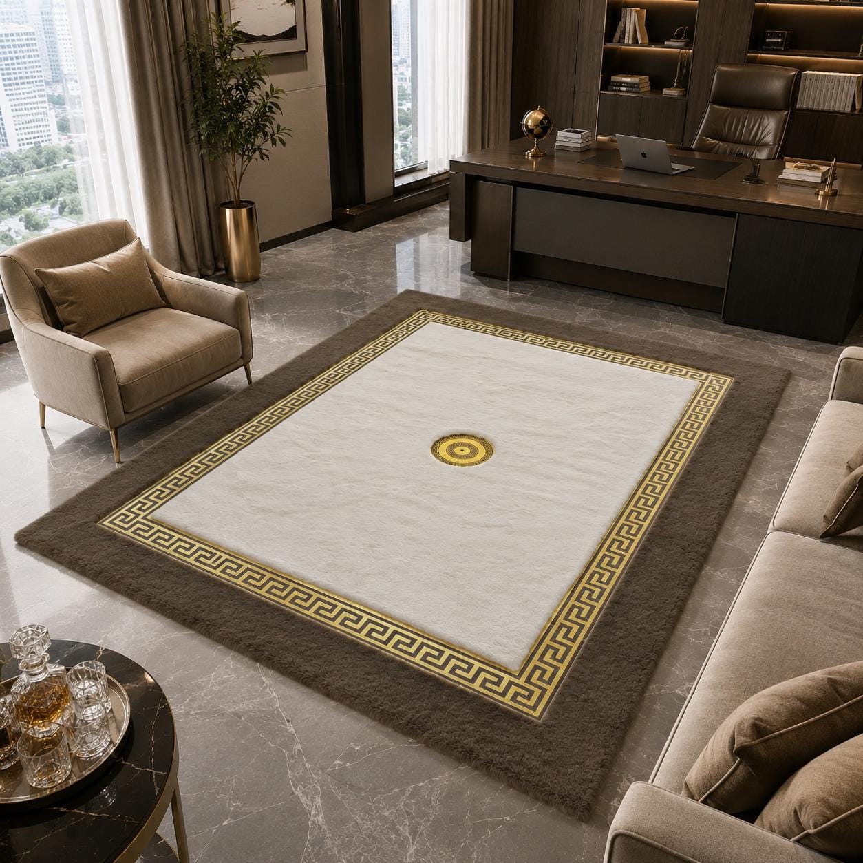 Luxury Plush Rug, Brown Gold Greek Key Area Carpet, Soft Faux Fur Home Decor