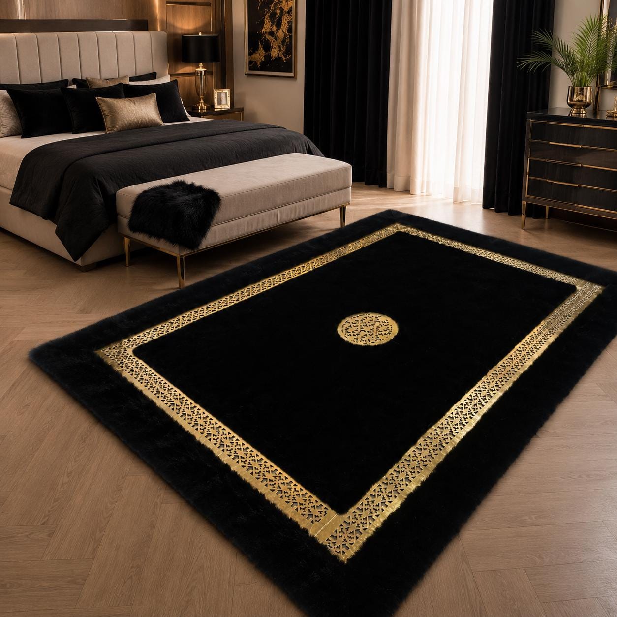 Black Gold Plush Rug, Luxury Faux Fur Carpet, Modern Glam Area Rug (Custom Size)