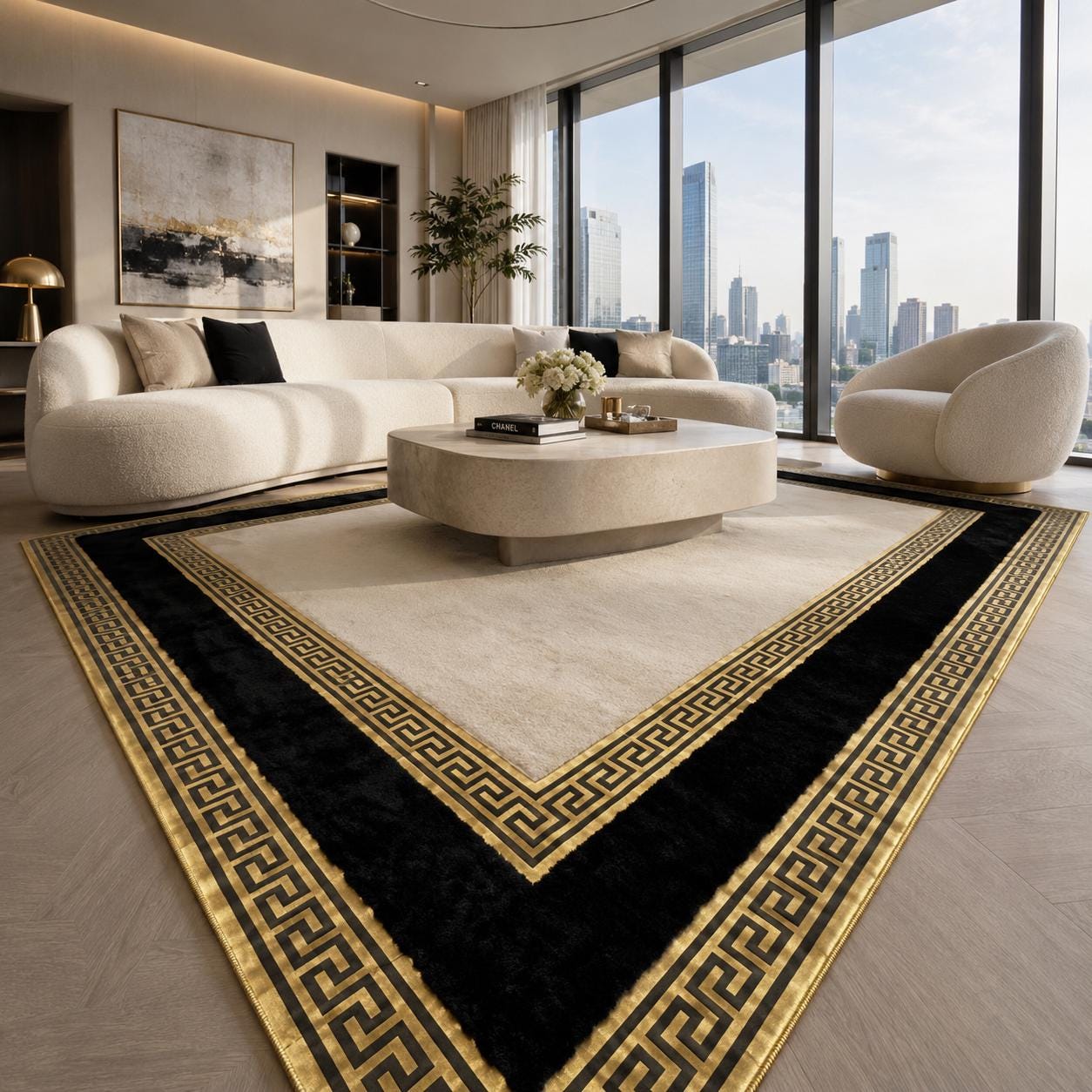 Luxury Greek Key Area Rug, Black Gold Ivory Designer Carpet, Contemporary Living Room Decor