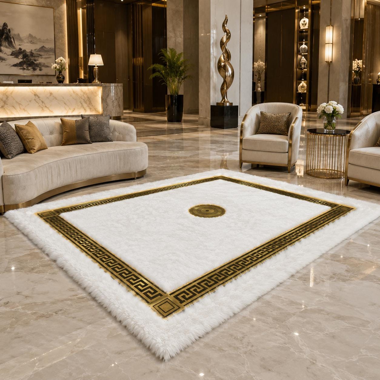 White Gold Plush Rug, Greek Key Border, Faux Fur Carpet, Modern Glam Home Decor