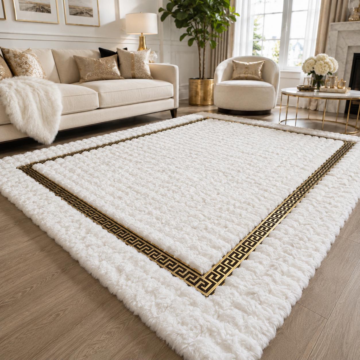 White Plush Area Rug, Greek Key Border, Faux Fur Carpet, Modern Glam Home Decor