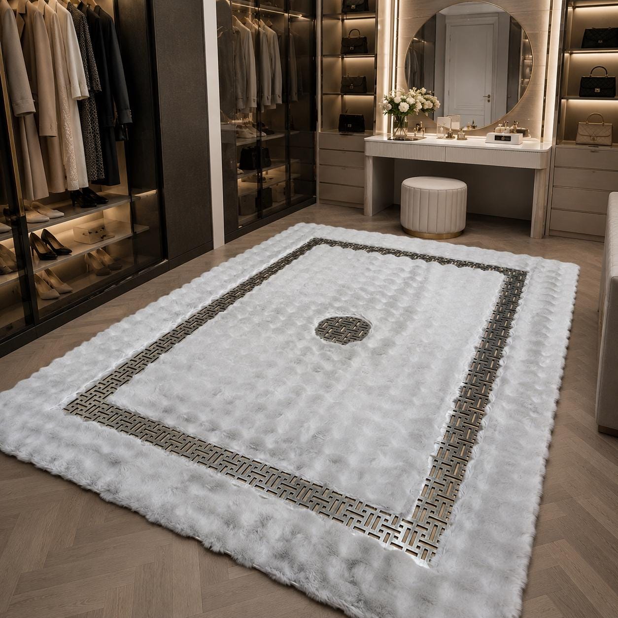 Light Grey Plush Area Rug, Silver Detail, Faux Fur, Modern Designer Carpet