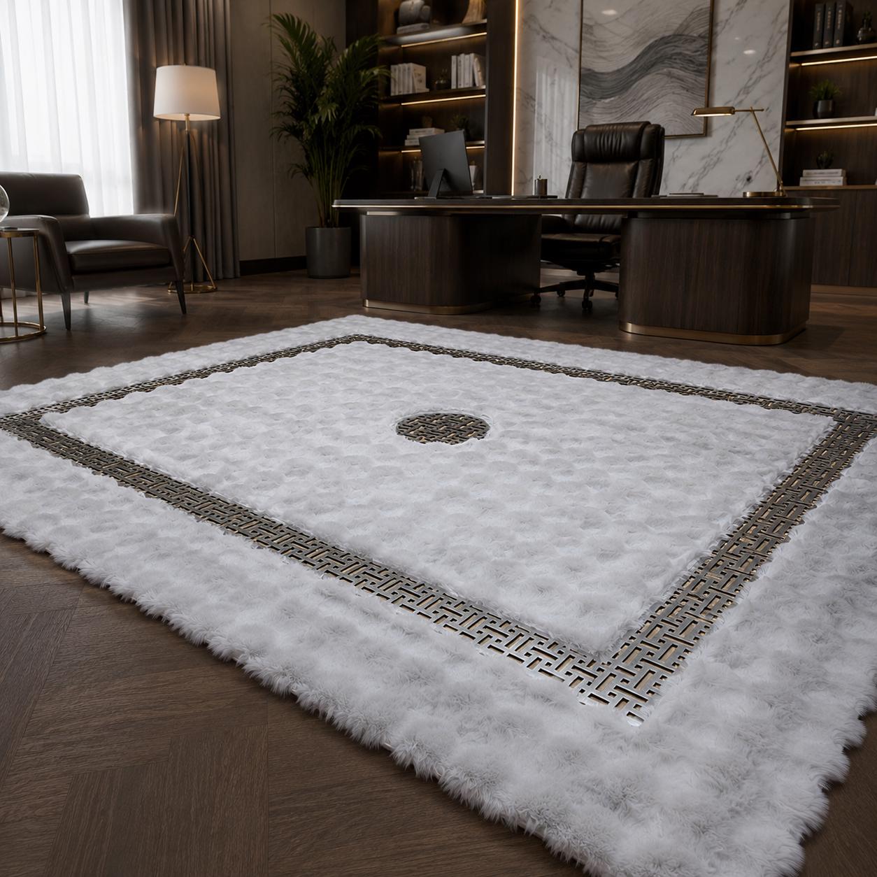 Light Grey Plush Area Rug, Silver Detail, Faux Fur, Modern Designer Carpet