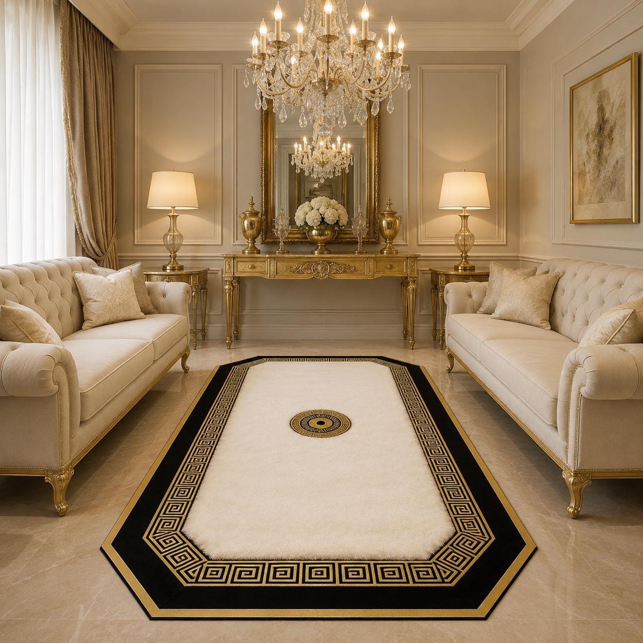Black White Gold Octagon Rug, Plush Greek Key Designer Carpet
