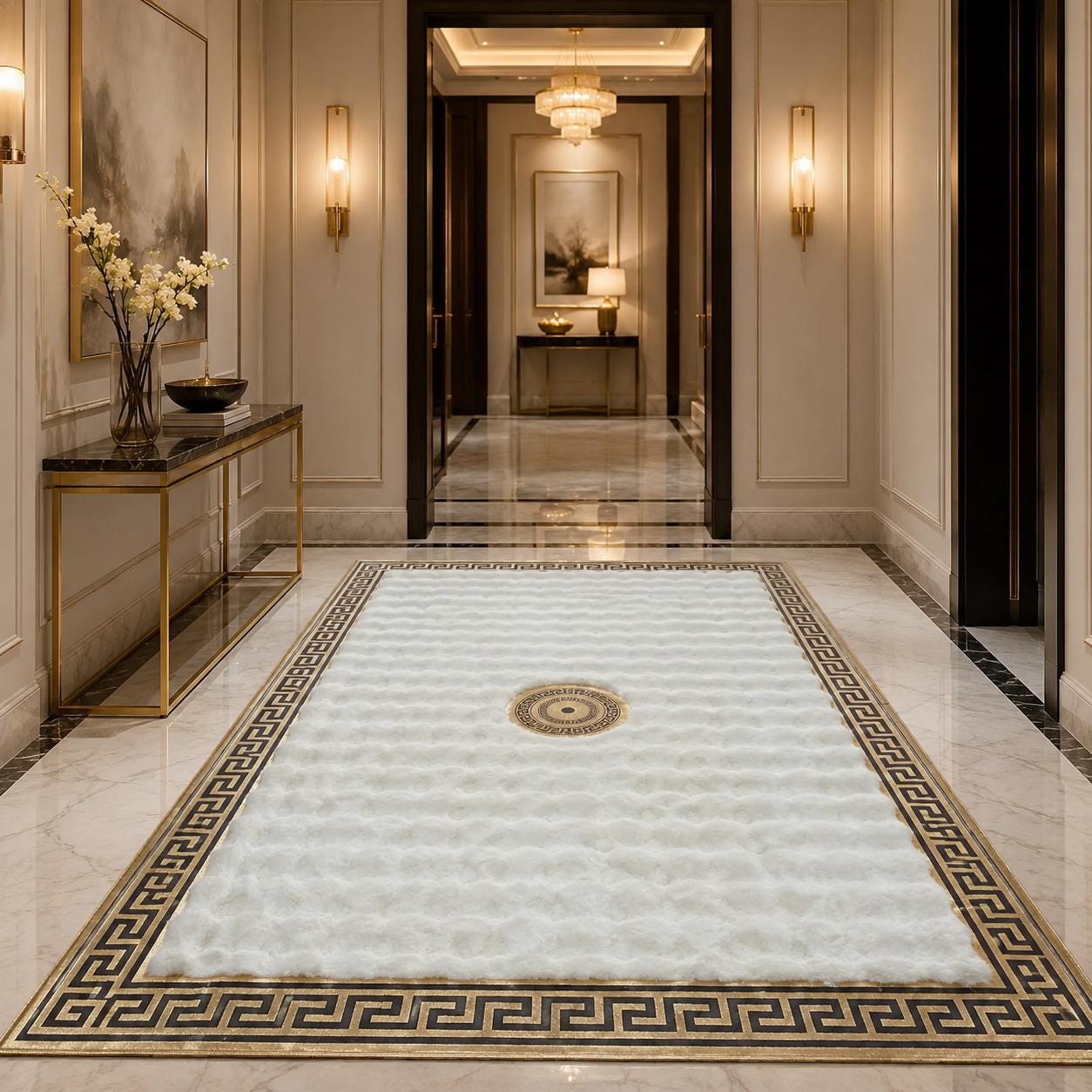 White Plush Area Rug, Gold Greek Key Border, Faux Fur Designer Carpet