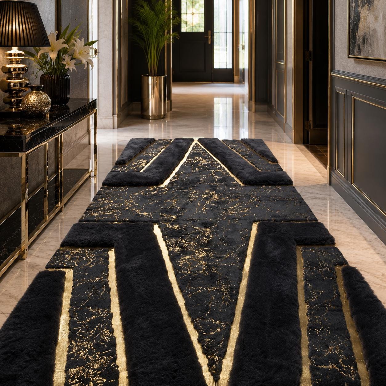 Luxury Black Gold Geometric Plush Rug, Modern Faux Fur Area Rug, Designer Statement Carpet