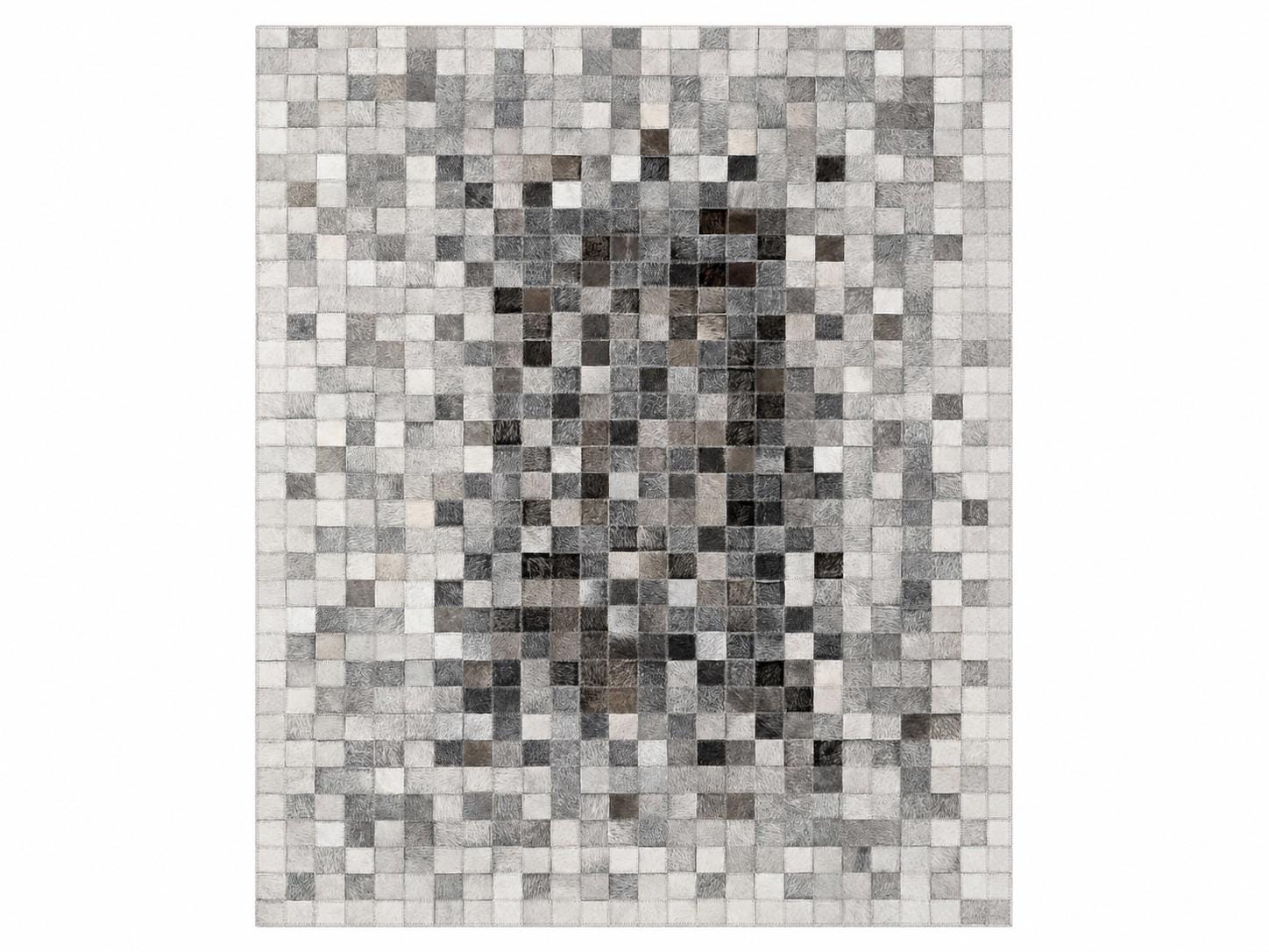 Gray Cowhide Patchwork Rug, Genuine Leather Area Carpet, Modern Square Design