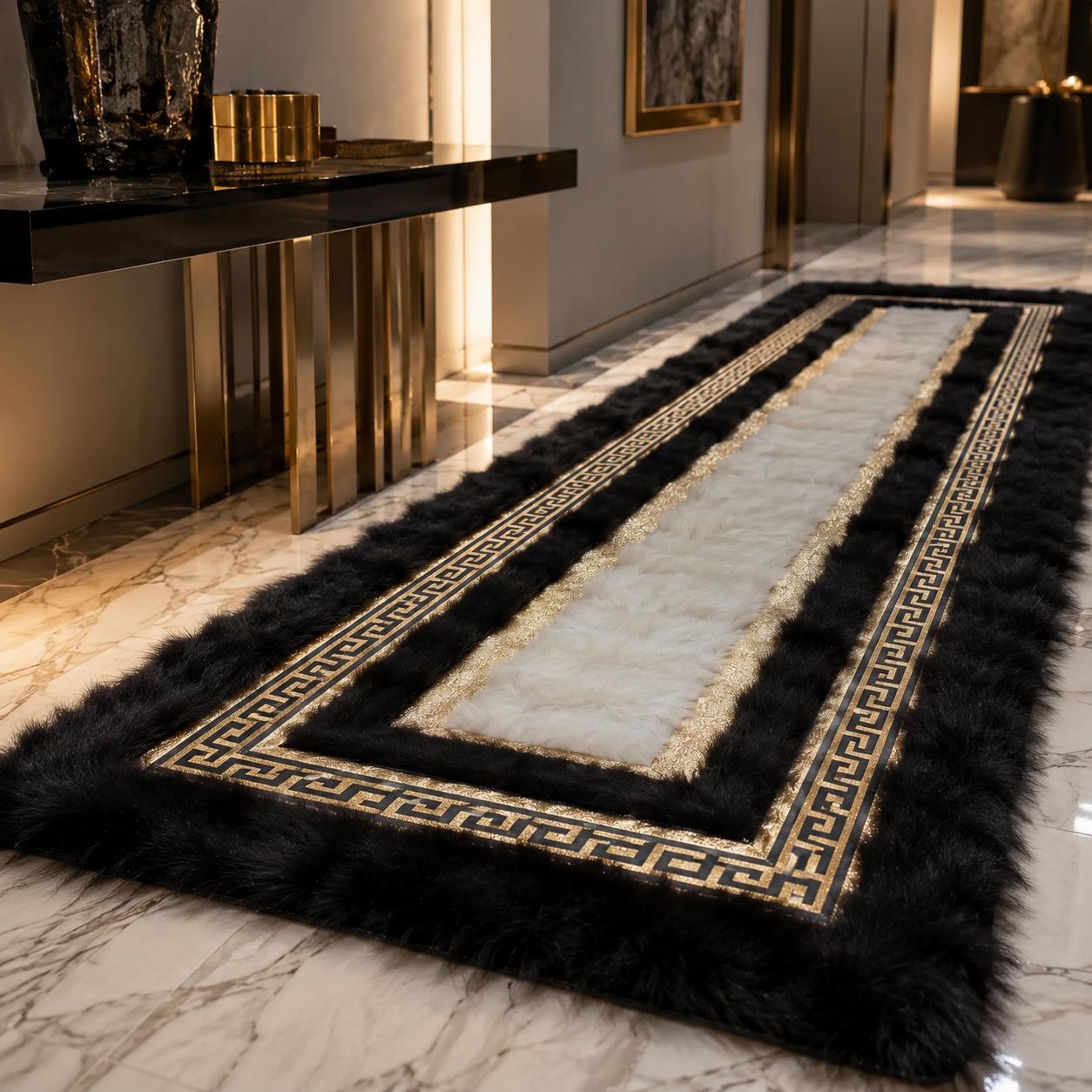 Toscana Sheepskin Style Rug, Black White Gold Greek Key Runner, Luxury Fur Area Rug
