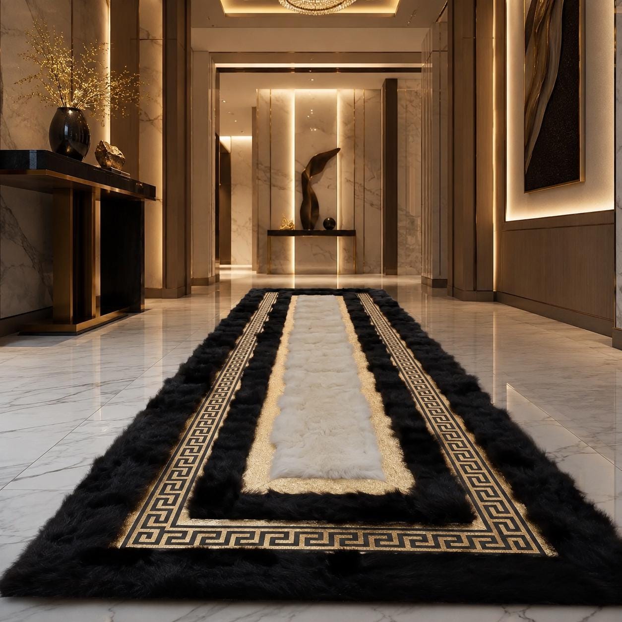 Toscana Sheepskin Style Rug, Black White Gold Greek Key Runner, Luxury Fur Area Rug