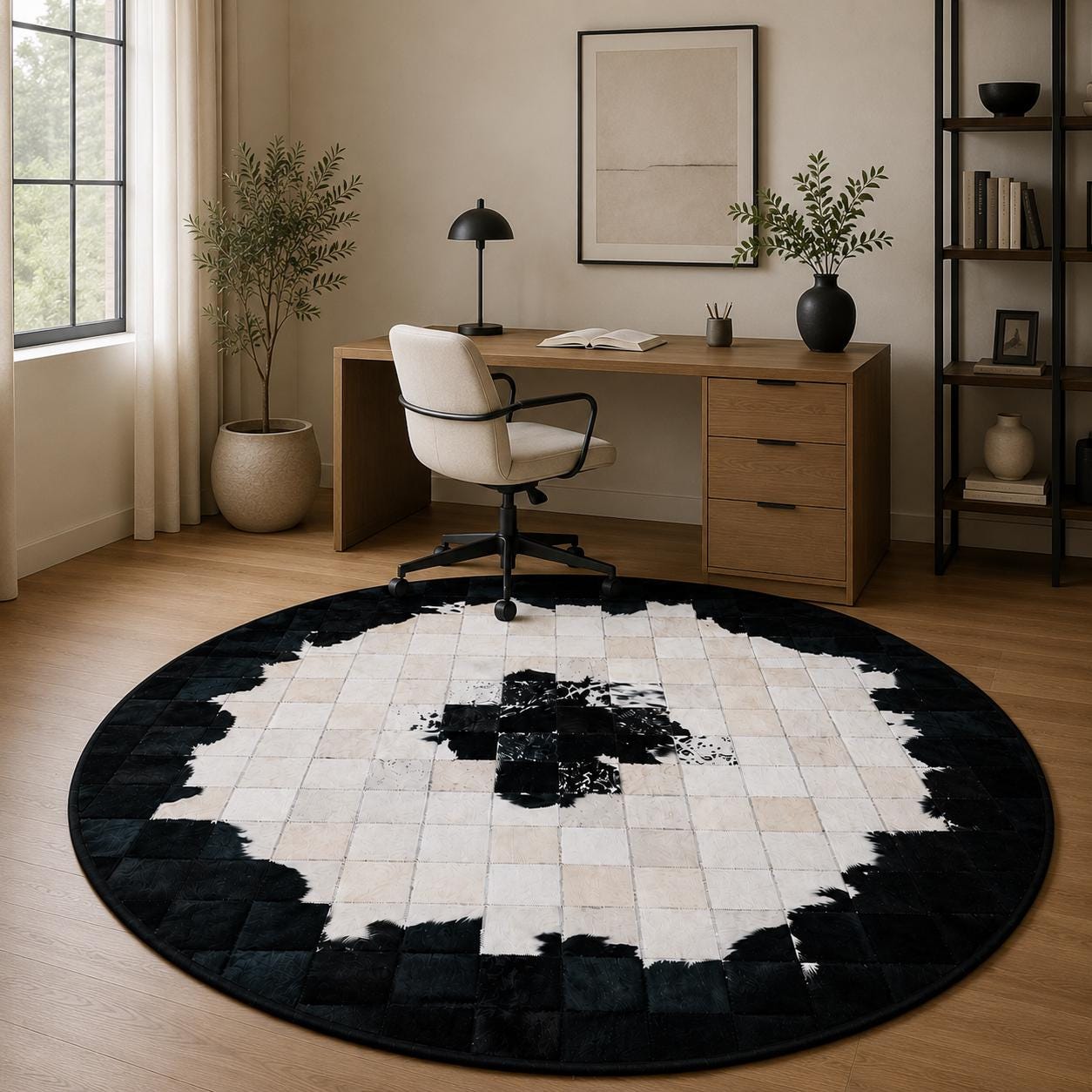Round Black White Cowhide Rug, Patchwork Leather Area Rug, Modern Designer Circle Carpet