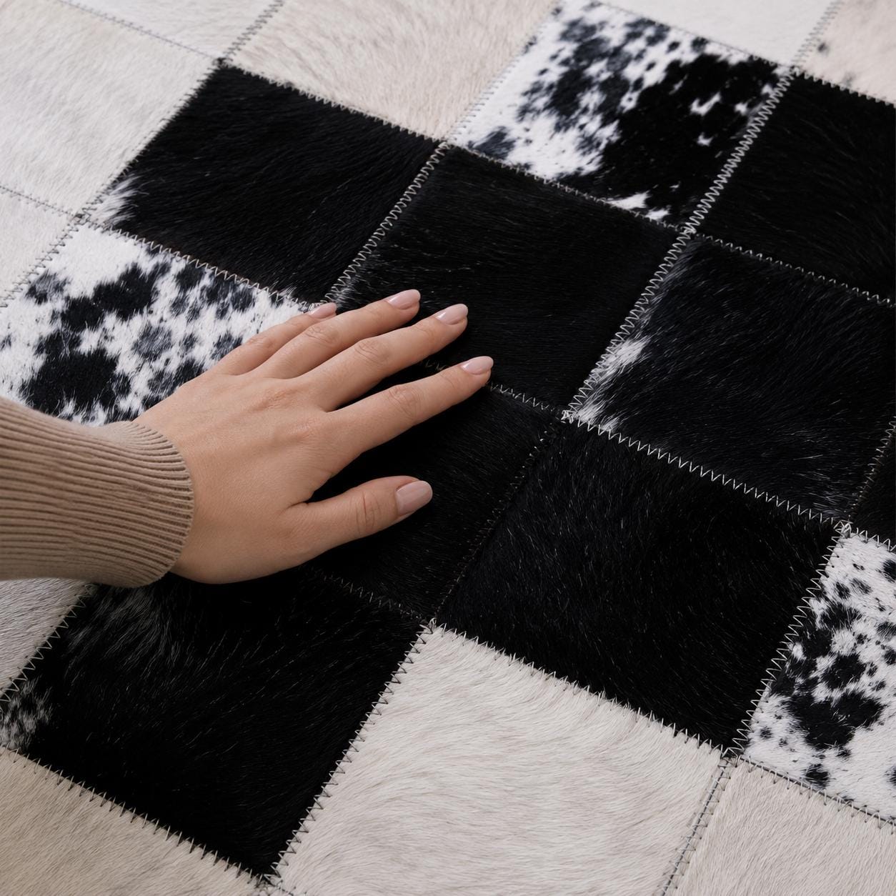 Round Black White Cowhide Rug, Patchwork Leather Area Rug, Modern Designer Circle Carpet