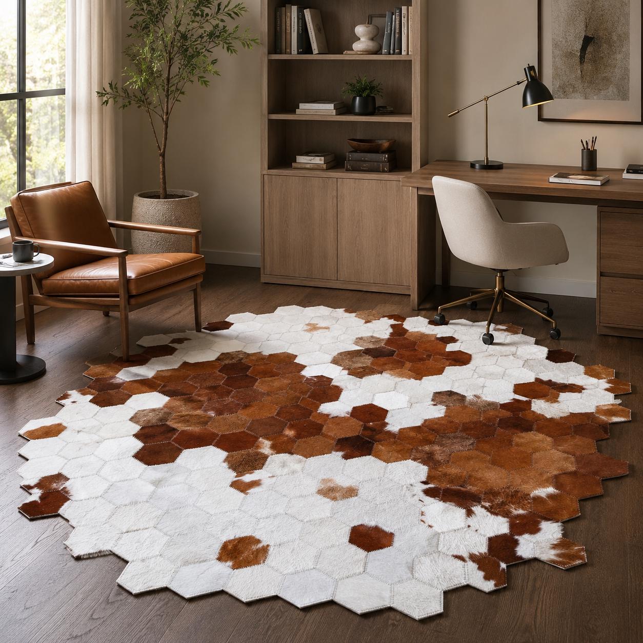Round Brown White Cowhide Rug, Hexagon Patchwork Leather Area Rug, Modern Handmade Carpet