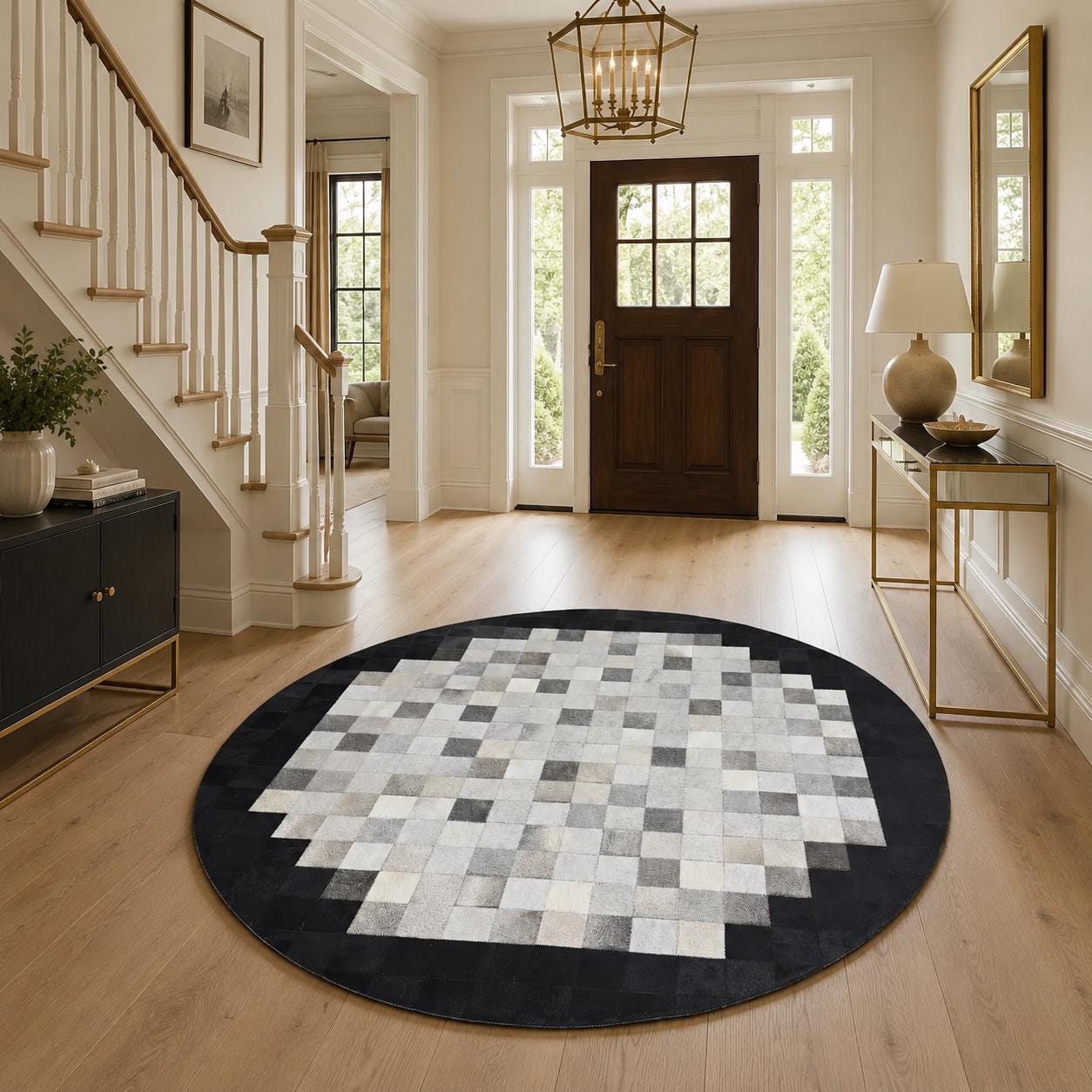 Round Black White Cowhide Rug, Patchwork Leather Area Rug, Modern Geometric Circle Carpet