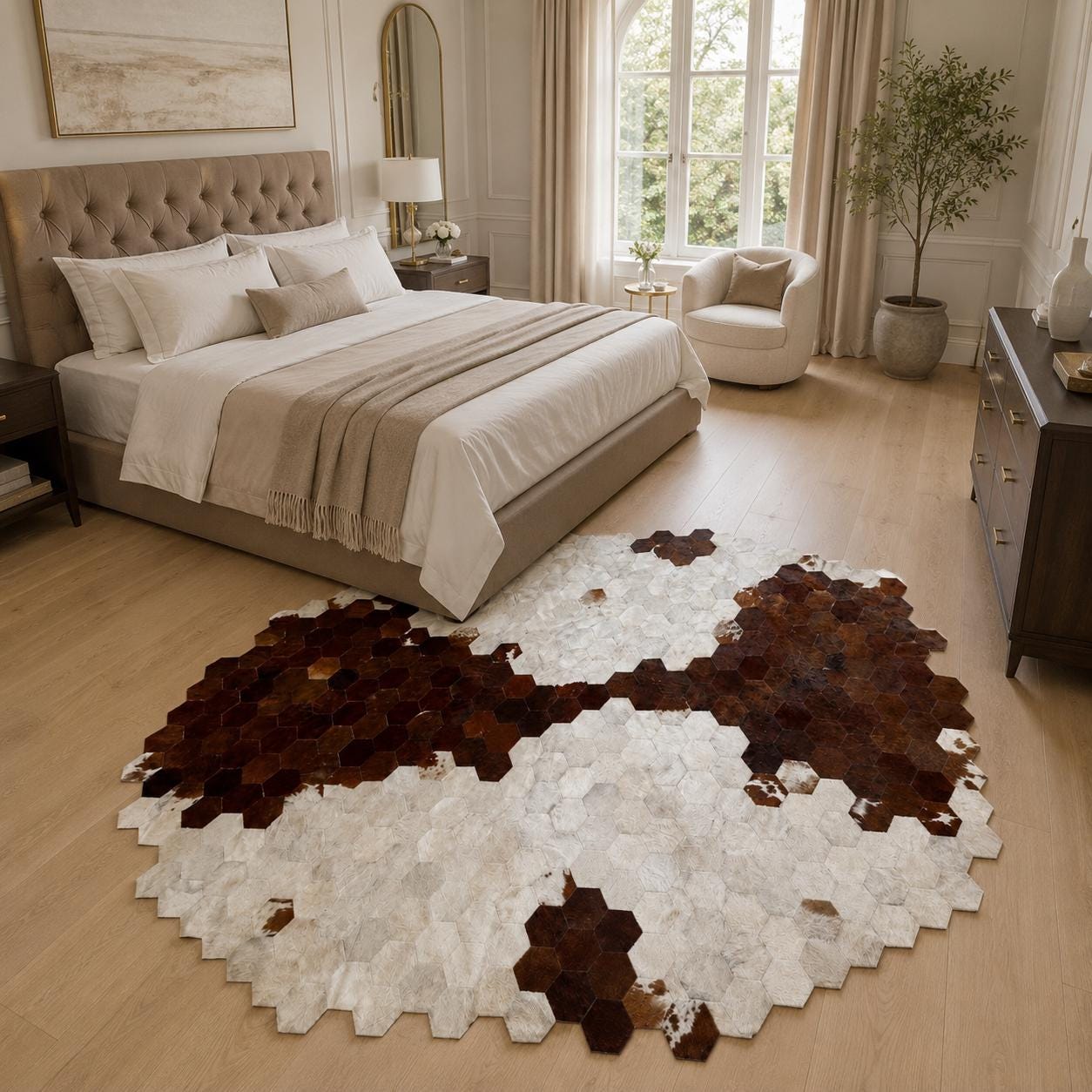 Round Brown White Cowhide Rug, Hexagon Patchwork Leather Rug, Handmade Modern Area Carpet
